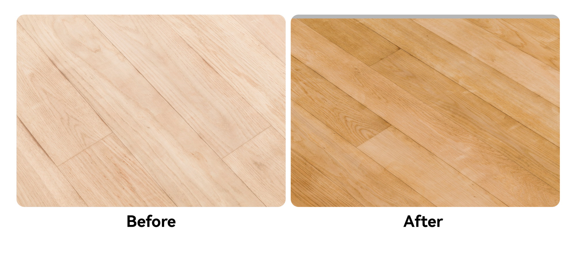 Wood floor before and after using the Wood Floor Maintainer Pack for Freo Z Ultra, enhancing gloss and protection.