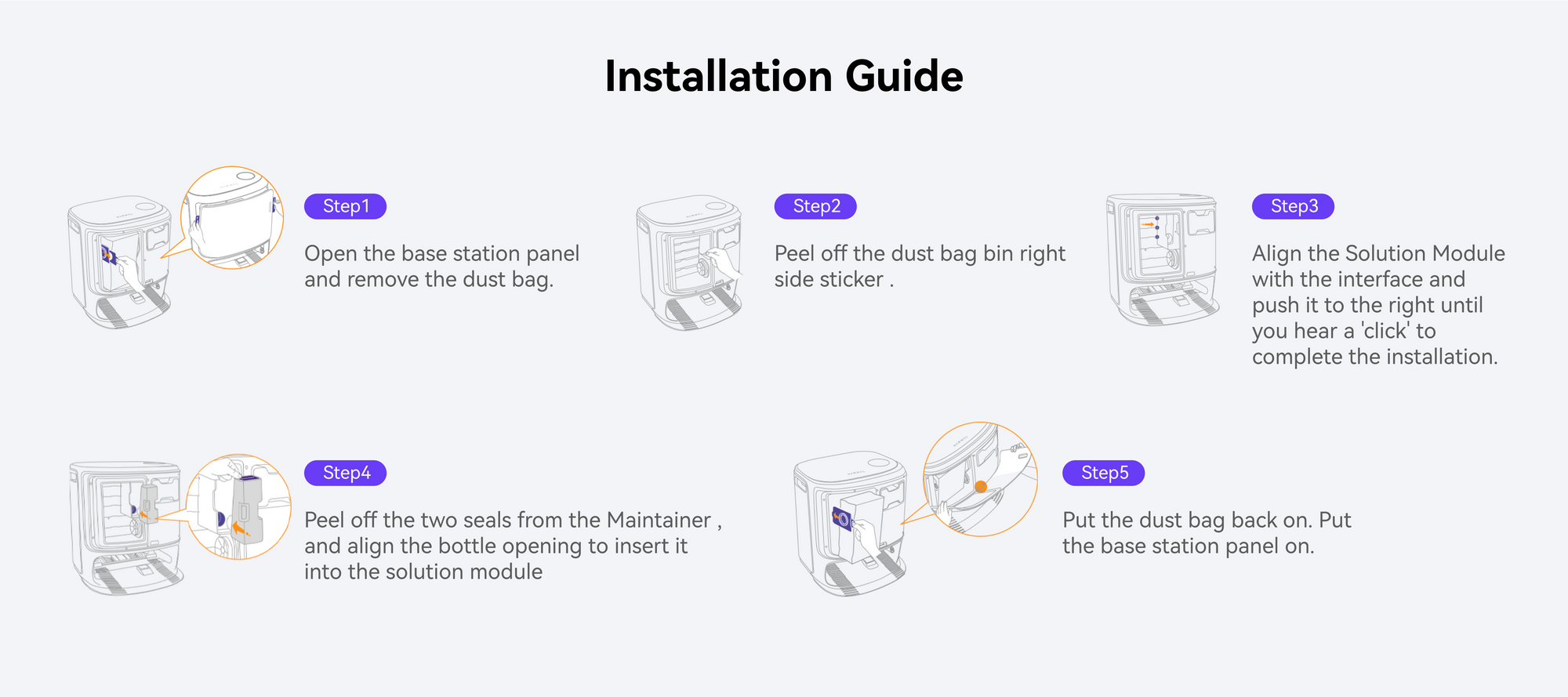 Installation guide for Narwal Freo Z Ultra base station, showing step-by-step process of setting up the dust bag and solution module for efficient use.