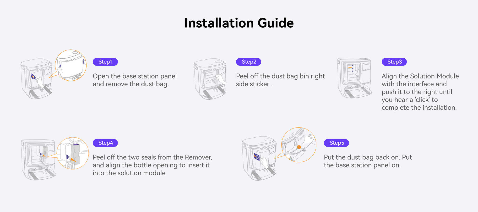 Installation guide for Narwal Freo Z Ultra: steps for setting up the dust bag, solution module, and completing the installation for effective cleaning.