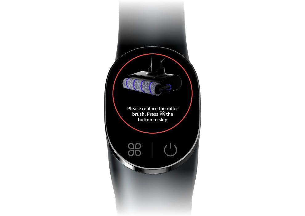 Roller Brush for S20 Pro displayed on the screen with a message to replace the brush for maintenance, ensuring optimal cleaning performance.