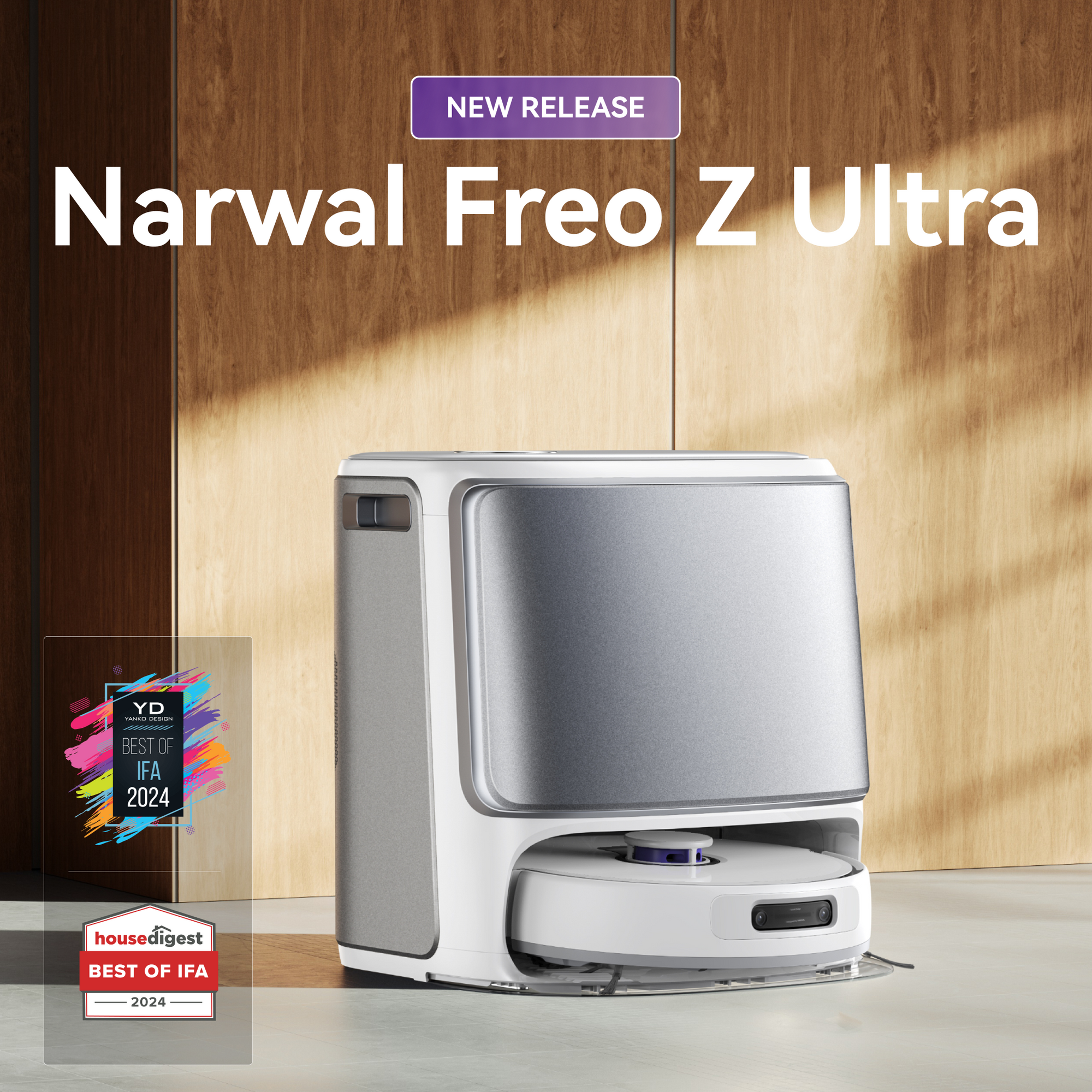 There are a galaxy-silver narwal freo z ultra robot vacuum with it's product name and some logos.