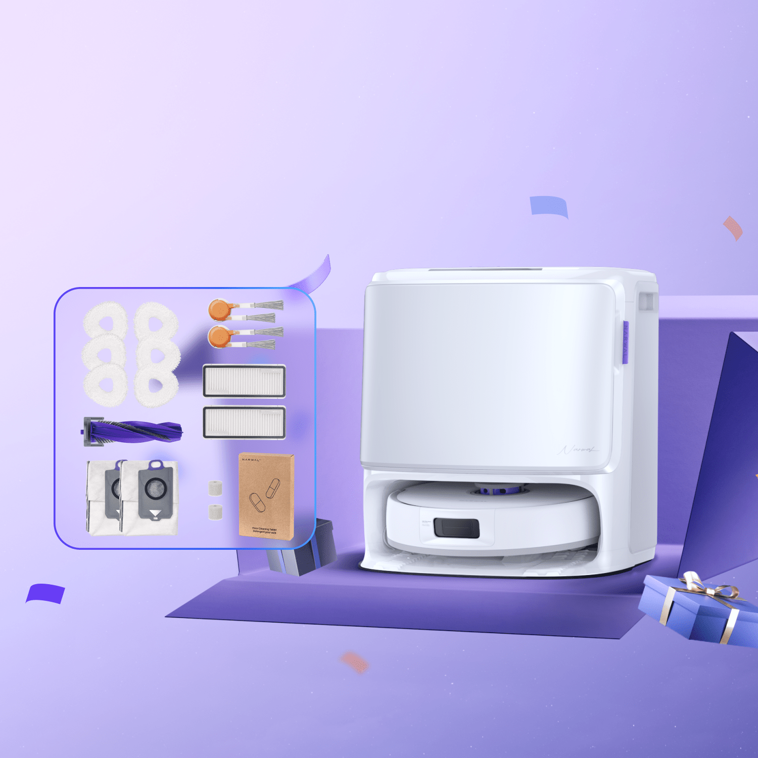 Narwal Freo X10 Pro robot vacuum and mop base station on purple background in clean product showcase.