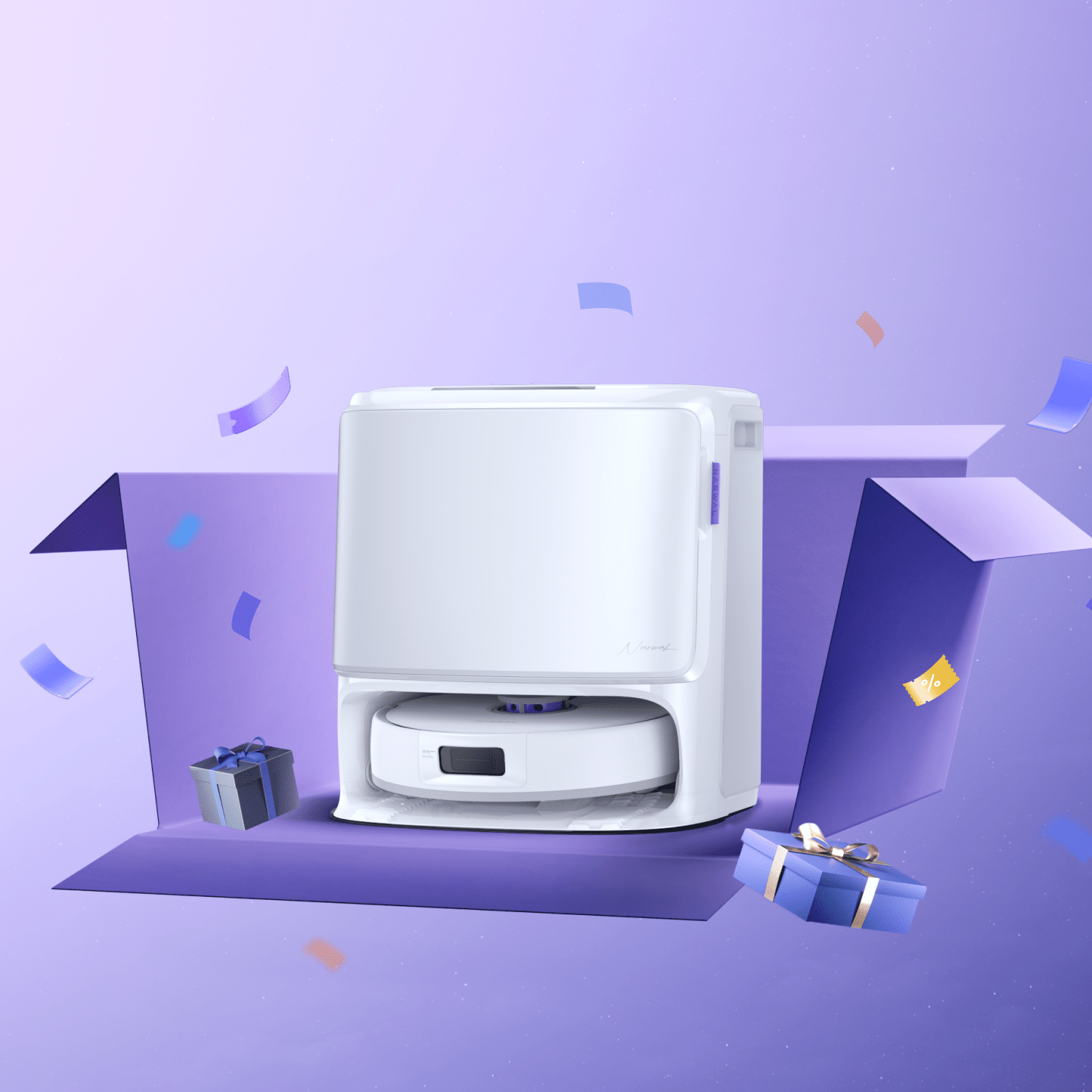 Narwal Freo X10 Pro robot vacuum and mop base station in soft purple scene with accessories.