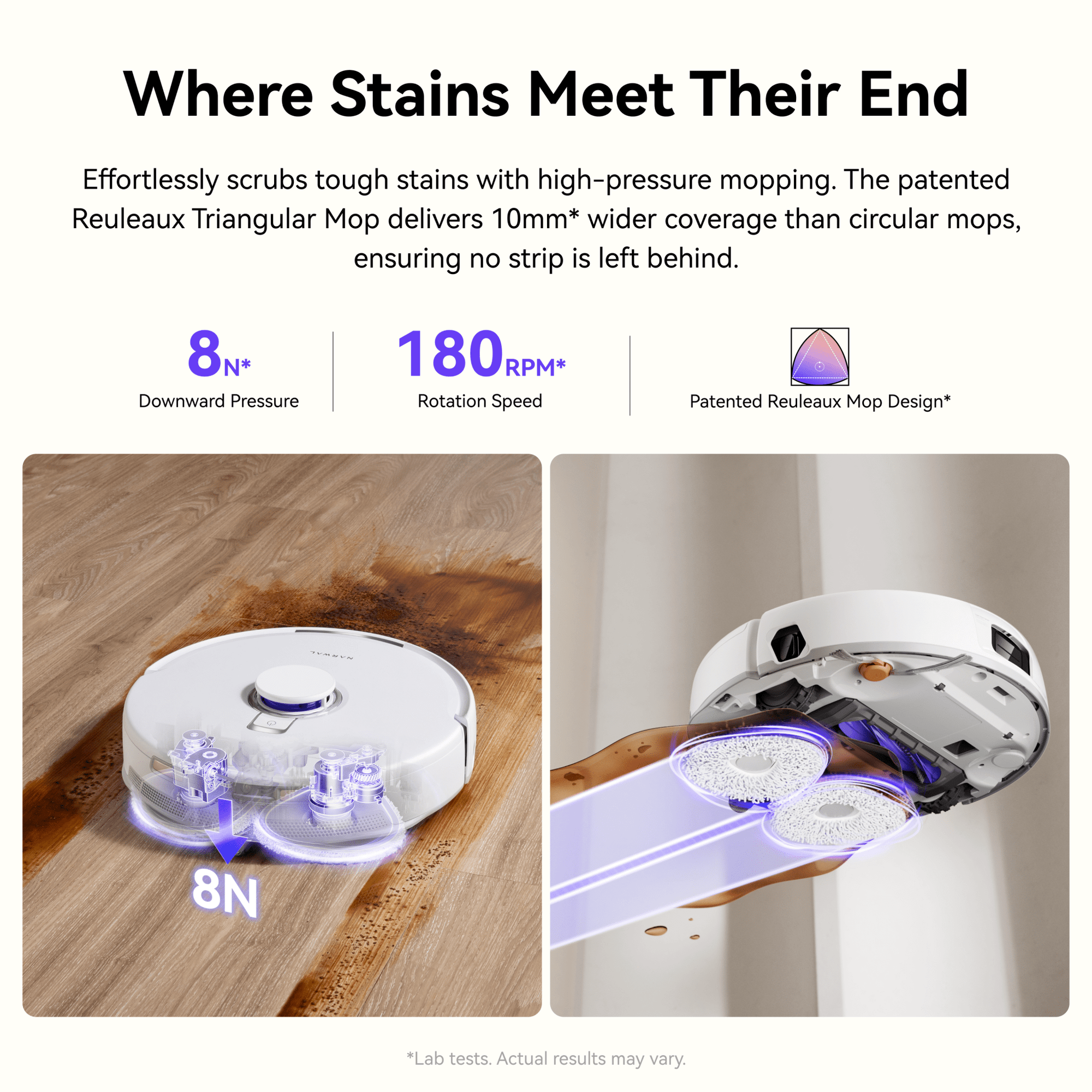 Narwal Freo X10 Pro robot vacuum and mop removing tough floor stains with strong scrubbing performance.