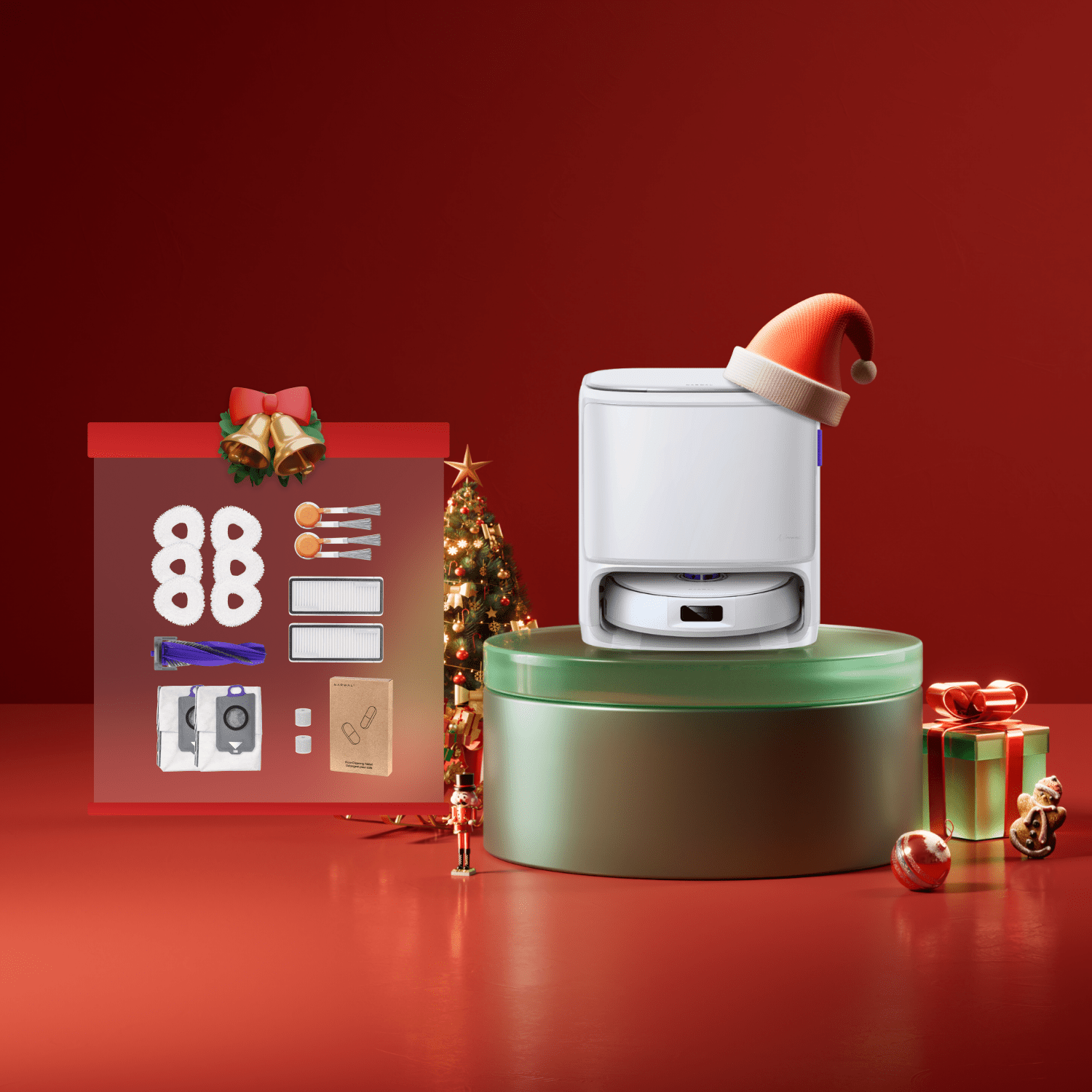 Festive display of Narwal Freo X10 Pro robot vacuum and mop with Christmas decorations and lighting.