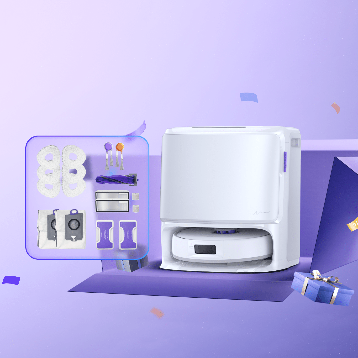 Narwal Freo Z10 robot vacuum base station with purple background highlighting premium cleaning features.