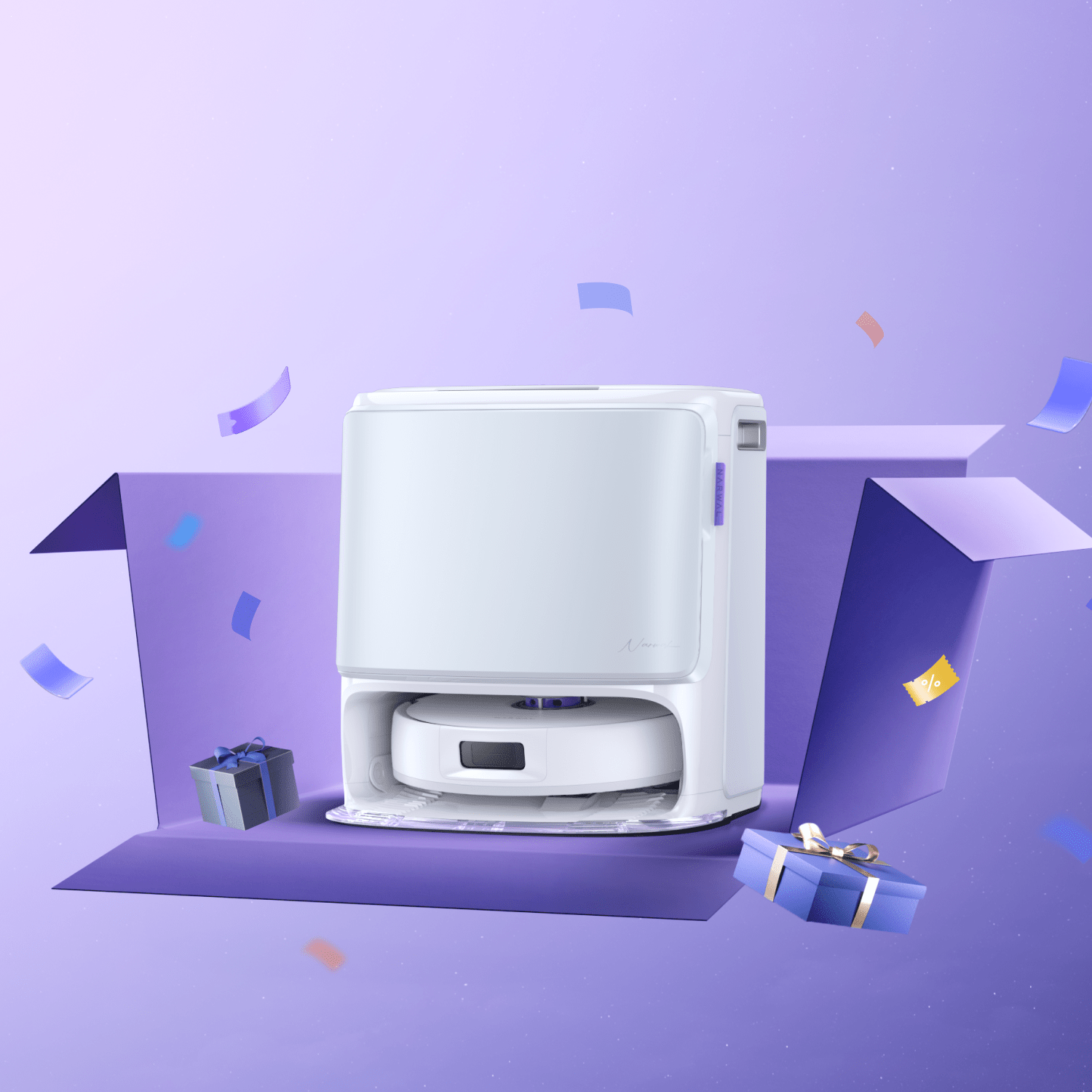 Narwal Freo Z10 robot vacuum and base station shown in a clean purple-themed product display.