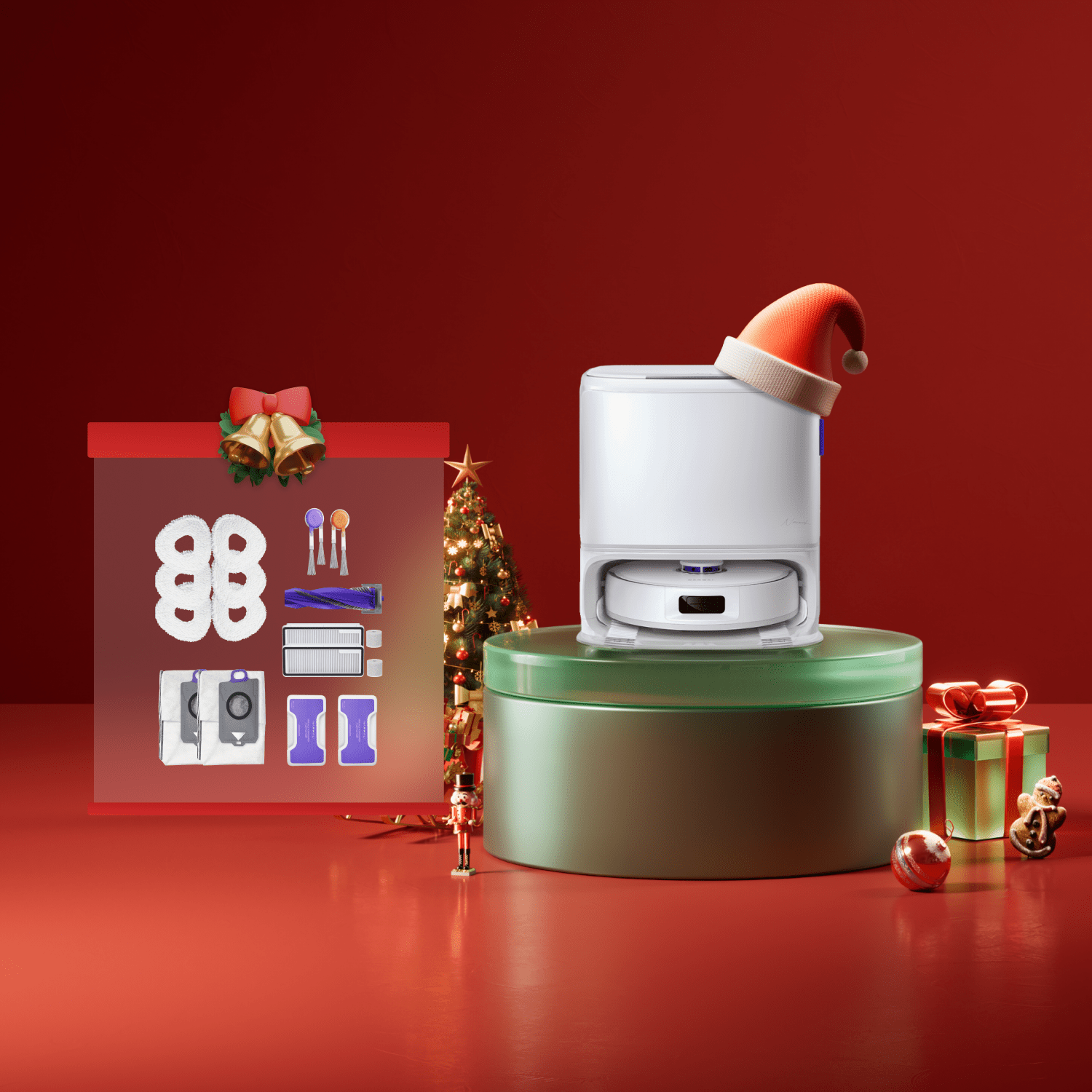 Narwal Freo Z10 robot vacuum displayed on a festive holiday stand with Christmas ornaments and warm lighting.