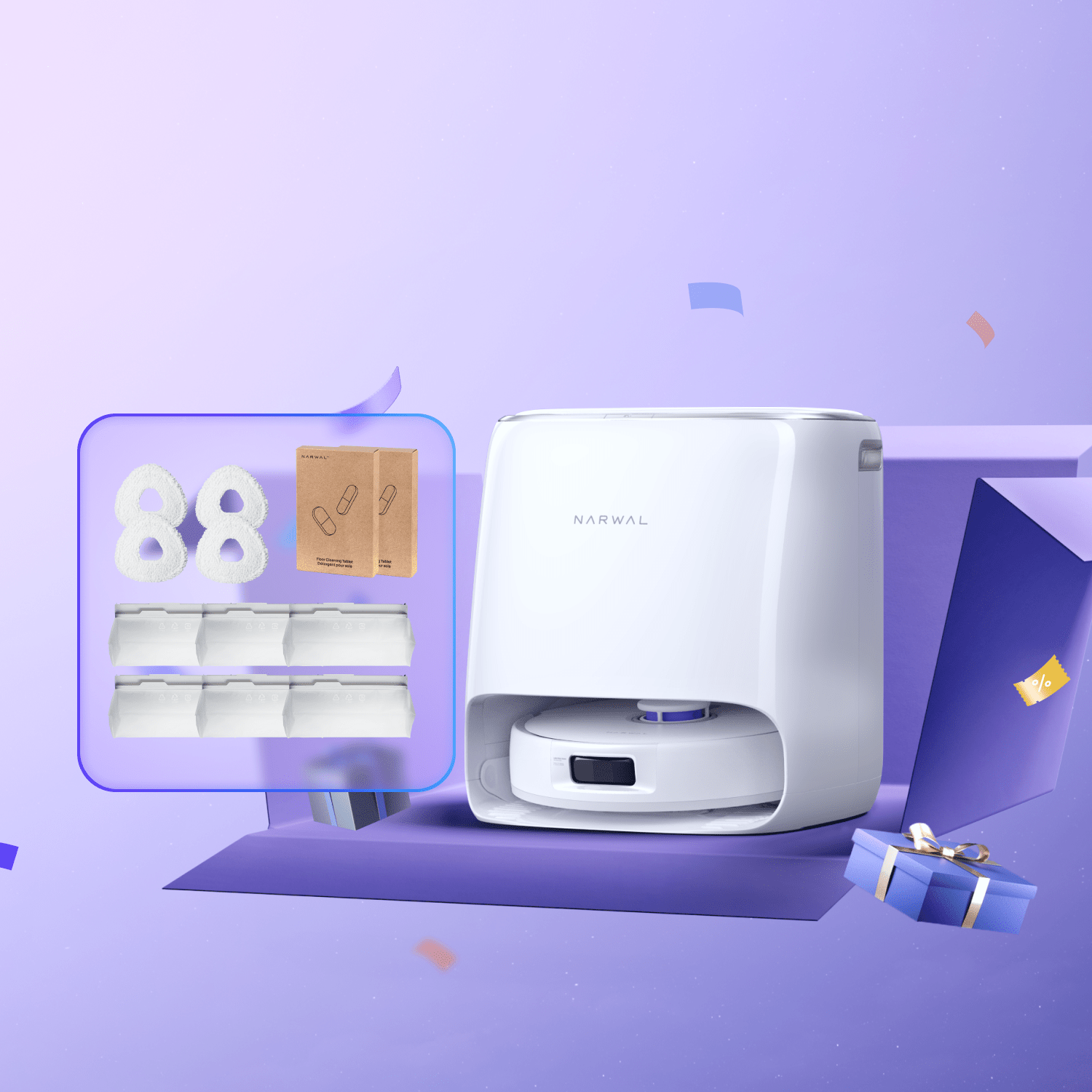 Narwal Freo Pro robot vacuum and mop with all-in-one base station featured in a purple-themed promotional scene.