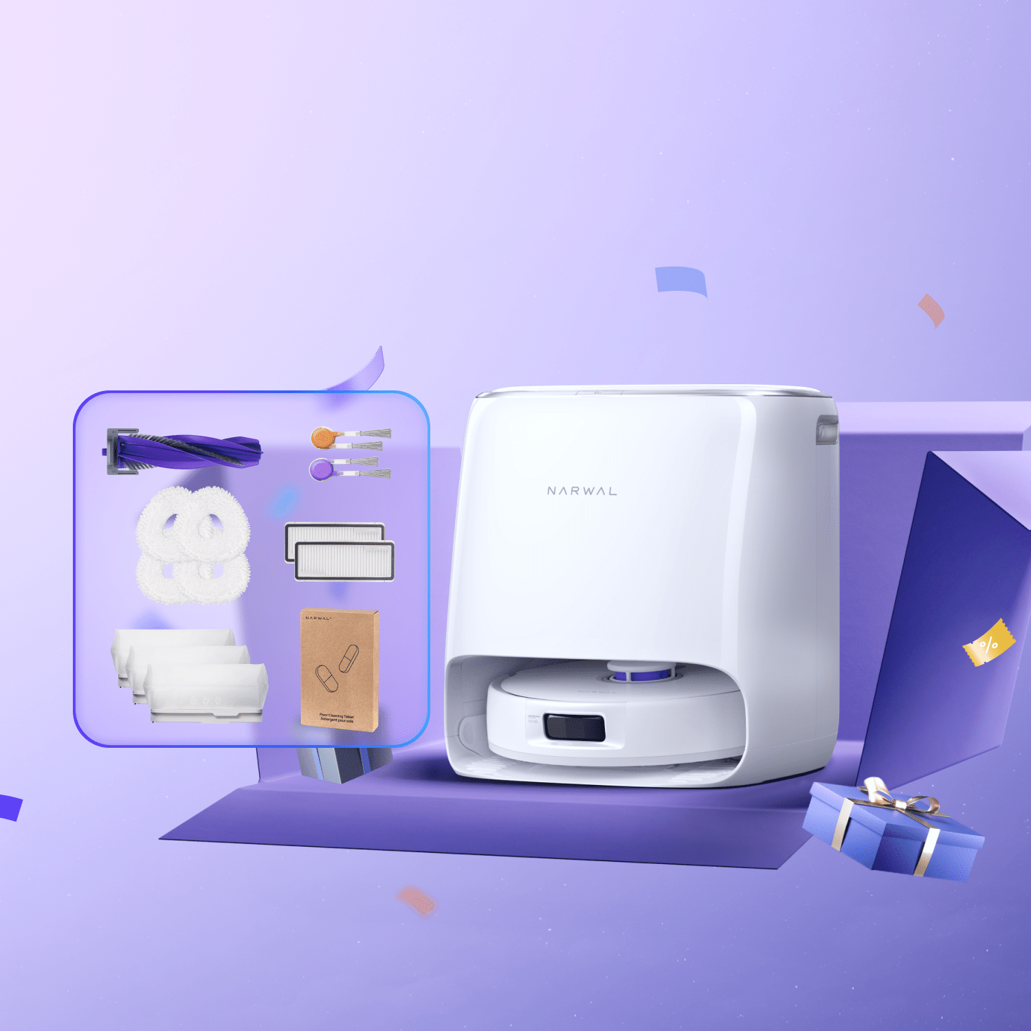 Narwal Freo Pro robot vacuum and mop with base station and accessories displayed on a purple background.