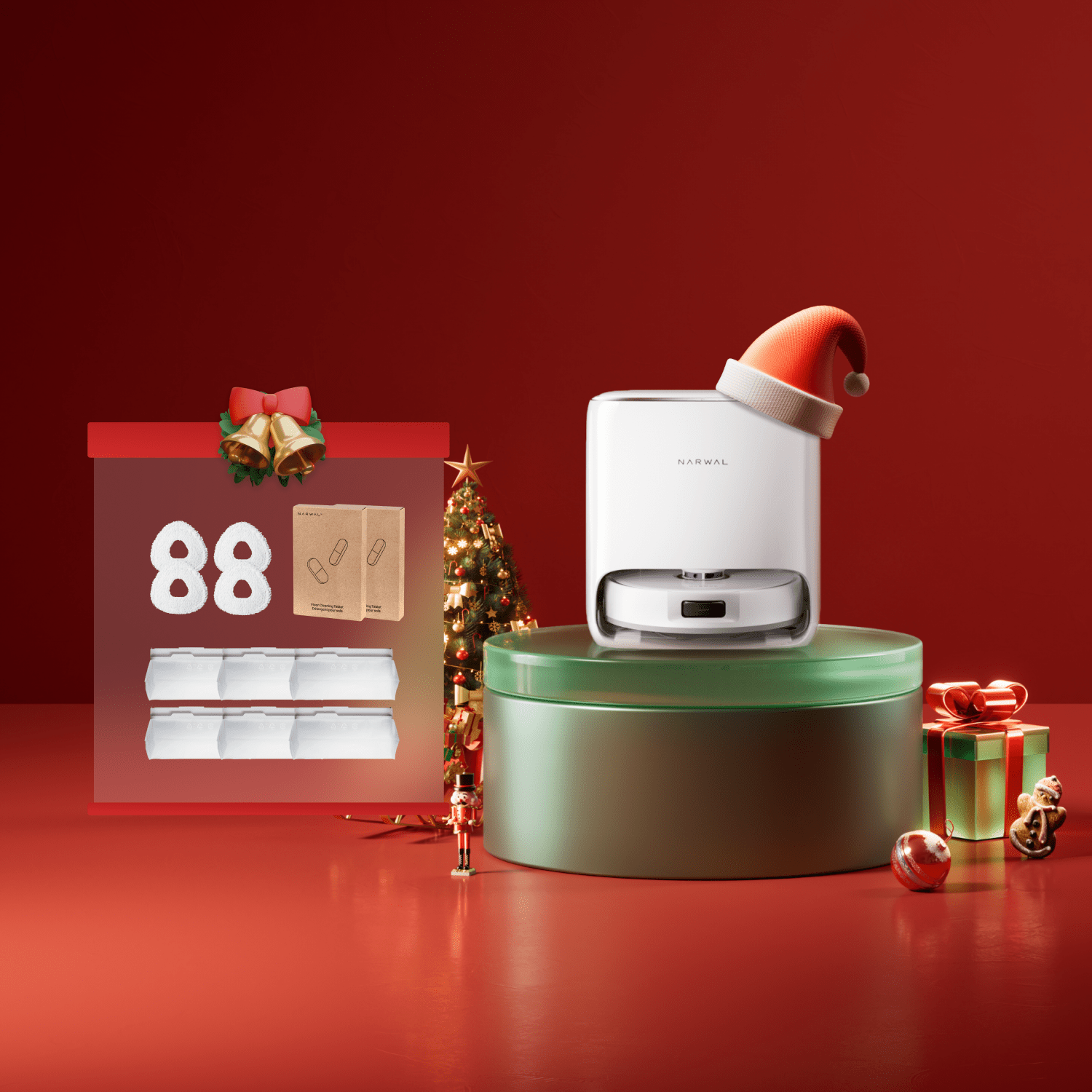 Narwal Freo Pro robot vacuum and mop featured in a holiday-themed red display with Christmas ornaments.
