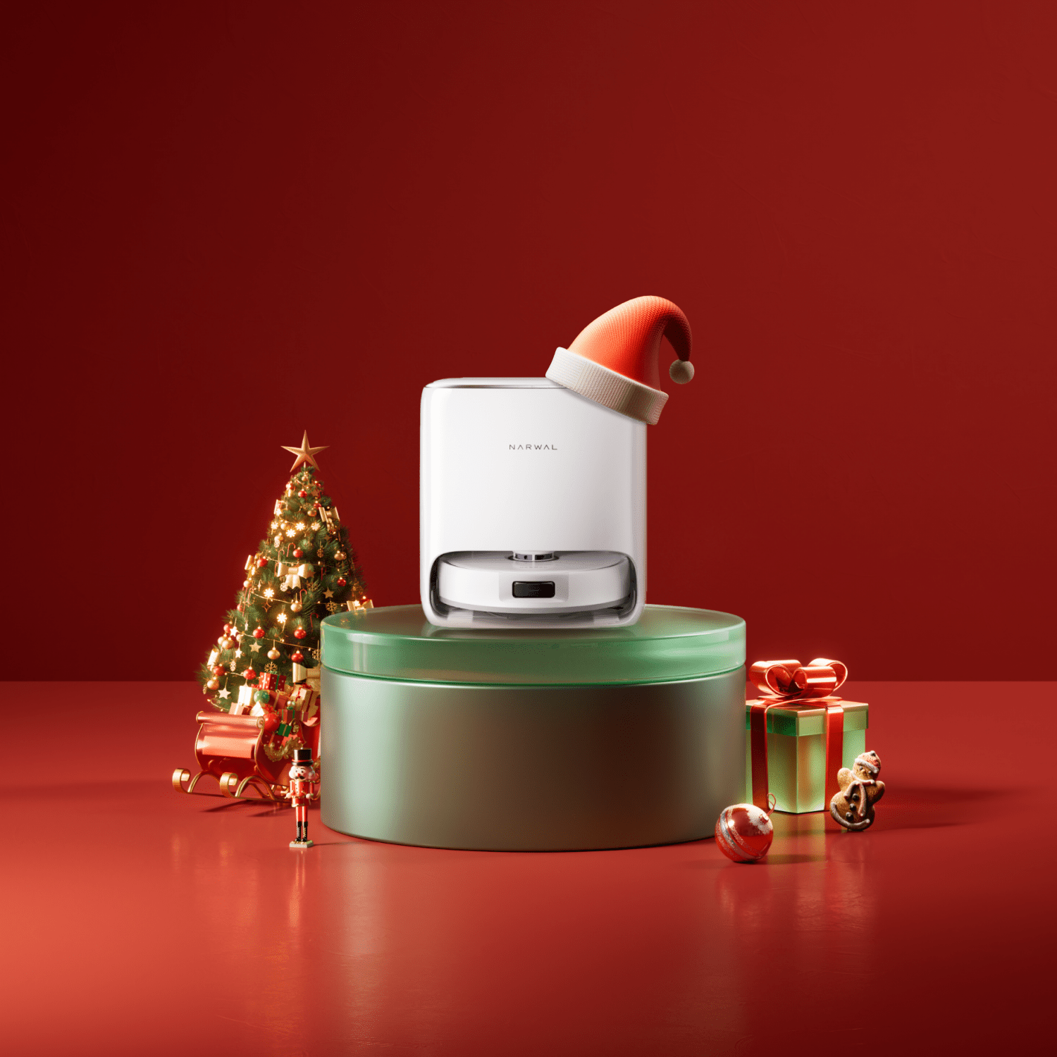 Narwal Freo Pro robot vacuum and mop displayed in a festive holiday scene with gifts and Christmas decorations.