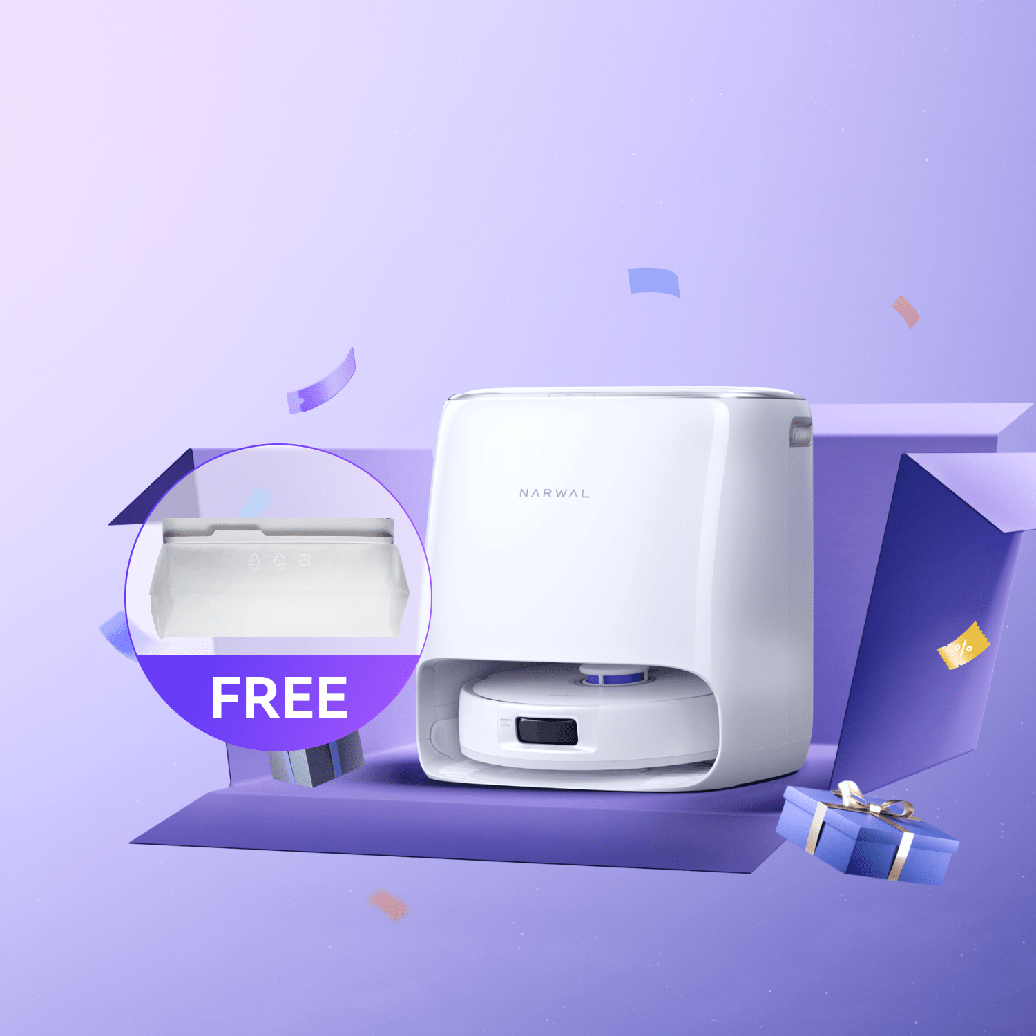 Narwal Freo Pro robot vacuum and mop with base station shown on purple background with promotional free accessory.