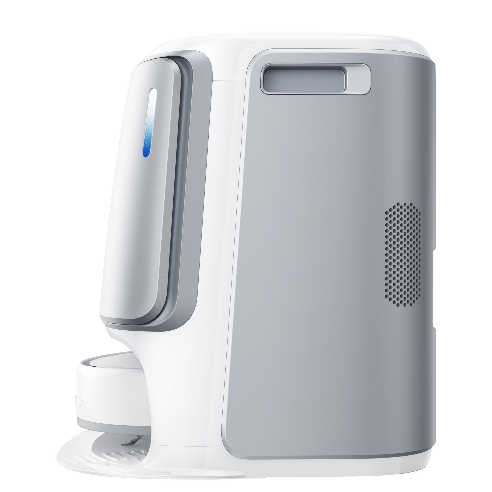 Side view of the Narwal Freo Z Ultra robot vacuum with a sleek and modern design, showcasing its clean lines and combination of white and grey colors.
