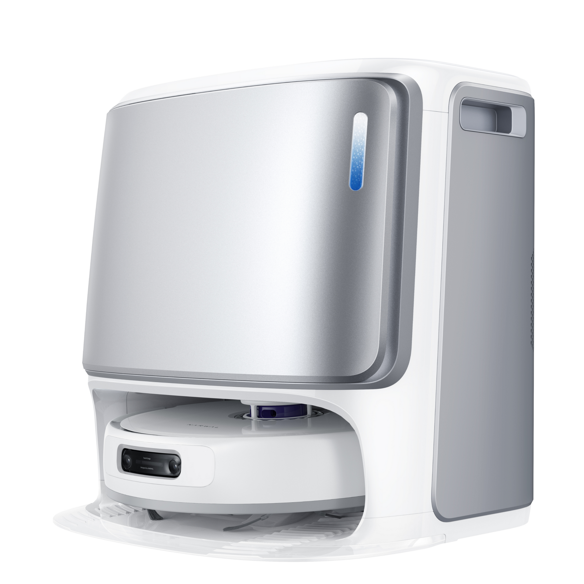 Side view of the Narwal Freo Z Ultra robot vacuum with a sleek silver and white design, showing the base station and its modern, functional appearance.