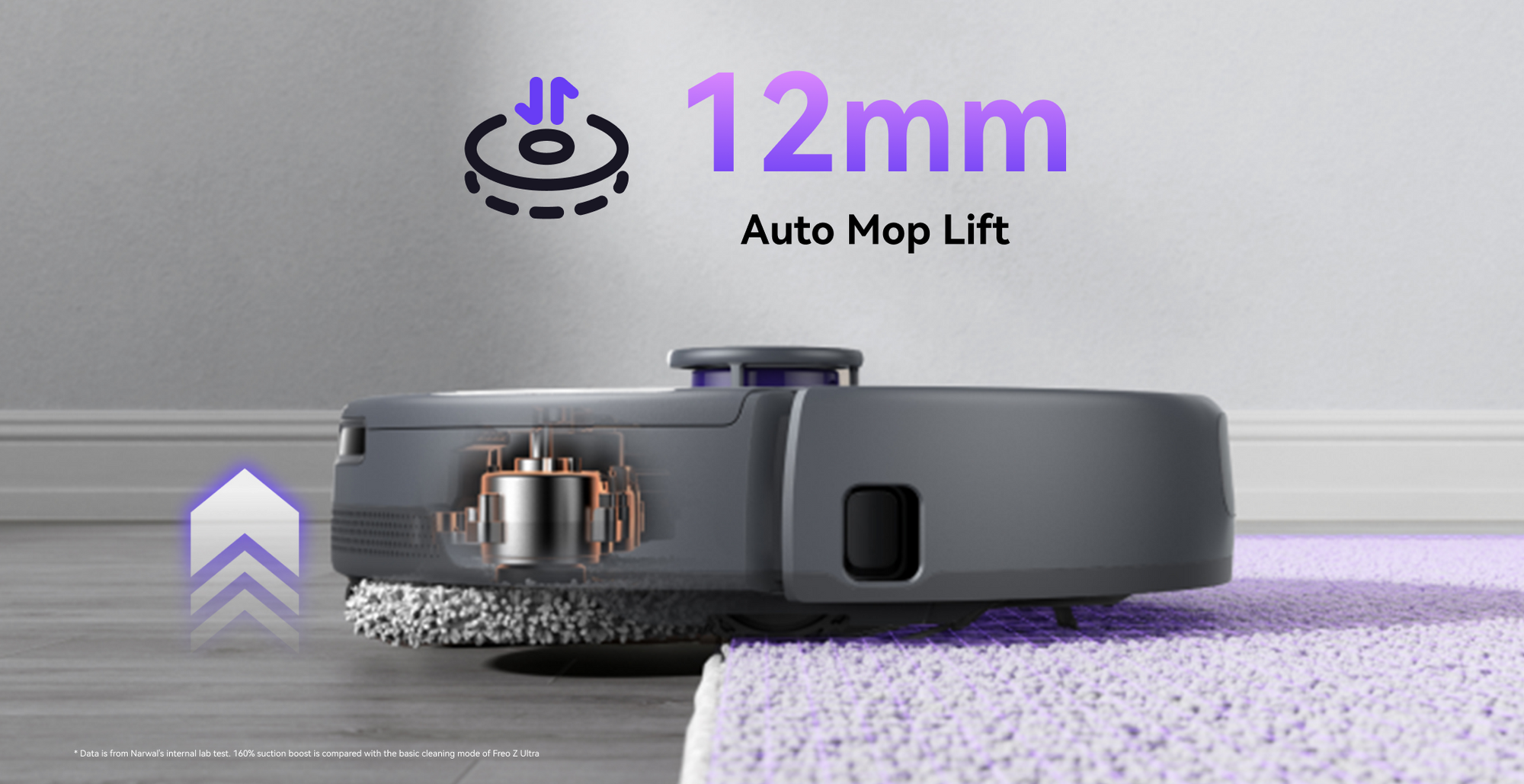 Narwal robot vacuum with detailed view of the internal motor on a carpet with auto mop lift 12nm.