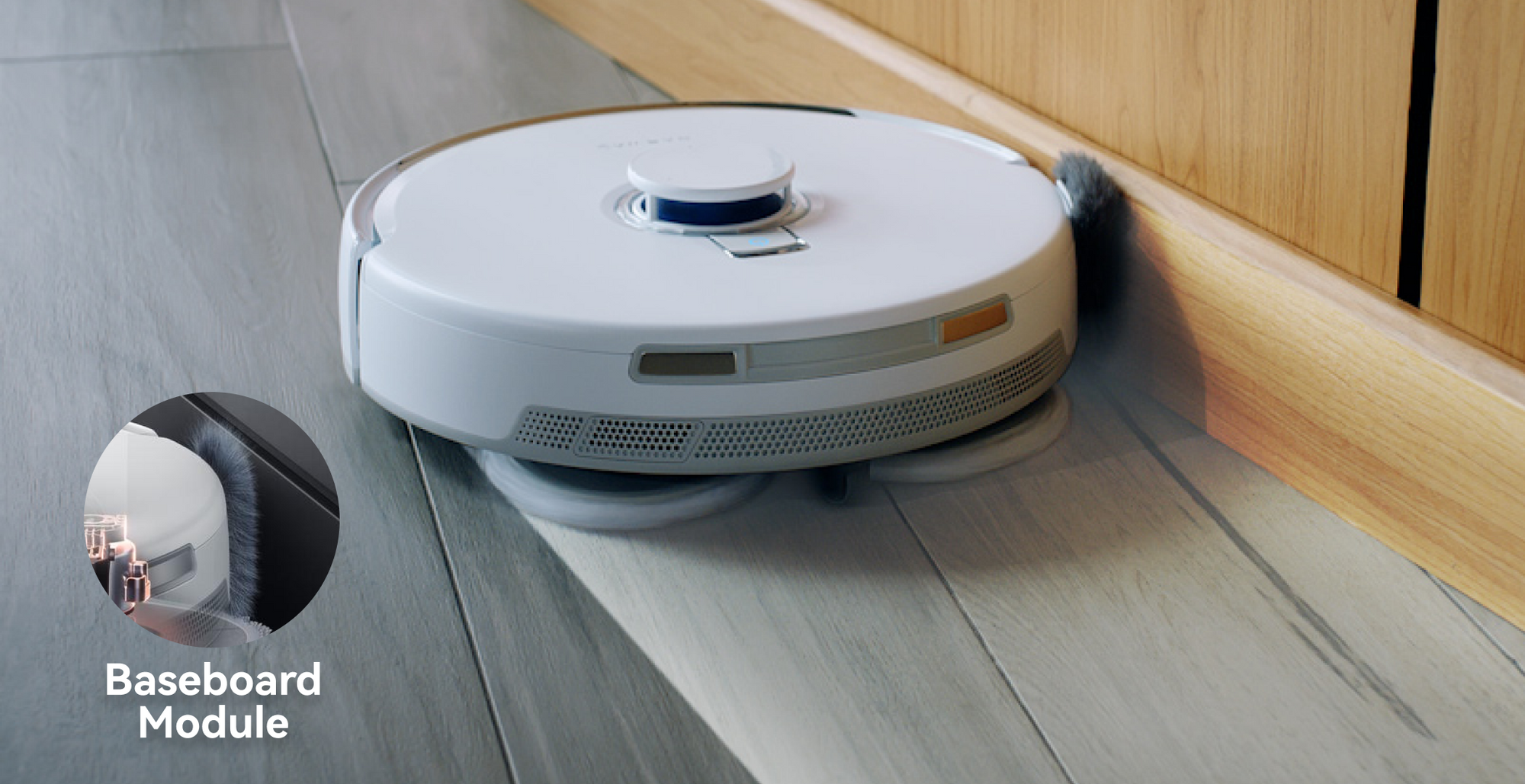 Narwal robot vacuum cleaning along the edges with soft-touch sensors and mop pads.