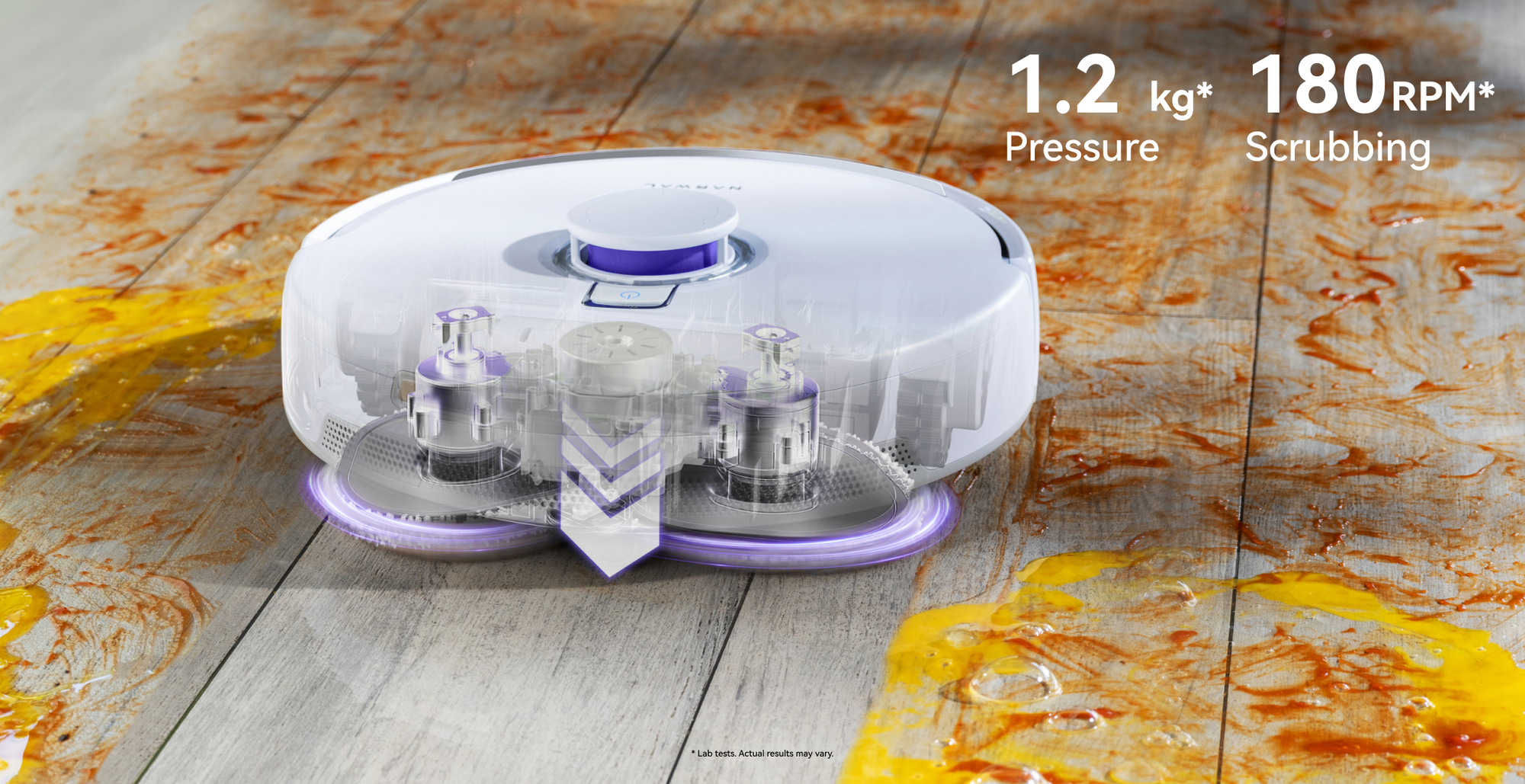 Narwal robot vacuum with 1.2 kg pressure and 180 RPM scrubbing for effective cleaning.