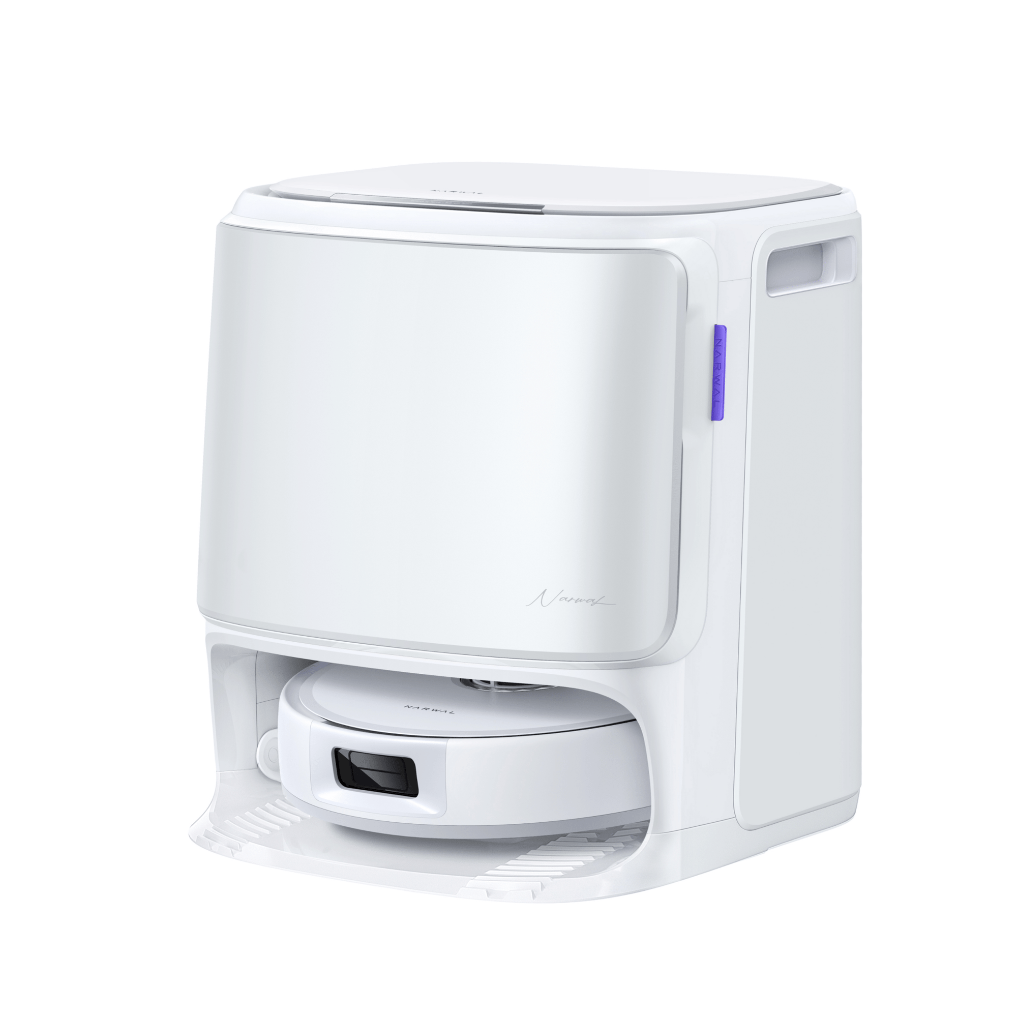 Front view of Narwal Freo X10 Pro robot vacuum and mop base station in clean minimalist design.