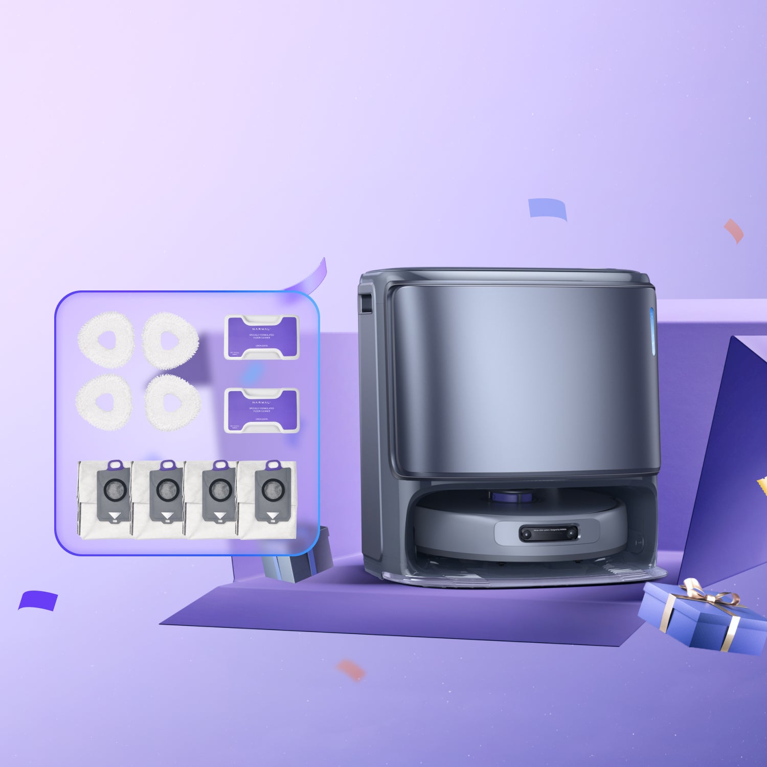 Narwal Freo Z Ultra robot vacuum and mop set with full accessory kit on a purple festive layout.