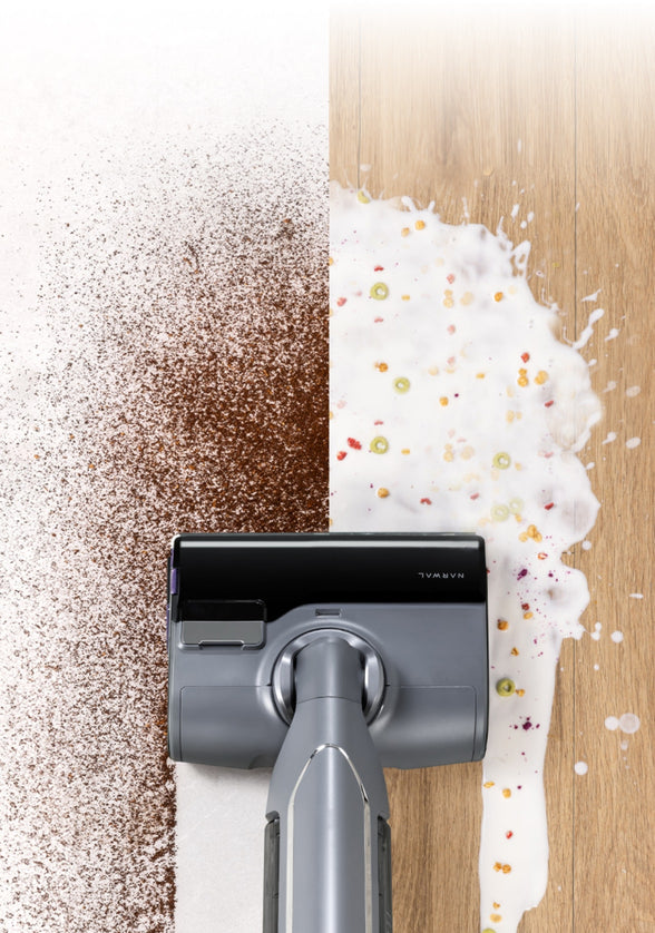Narwal S20 Pro Vacuum Mop cleaning a mixture of dry powder and spilled liquid, showcasing its ability to handle both wet and dry messes.