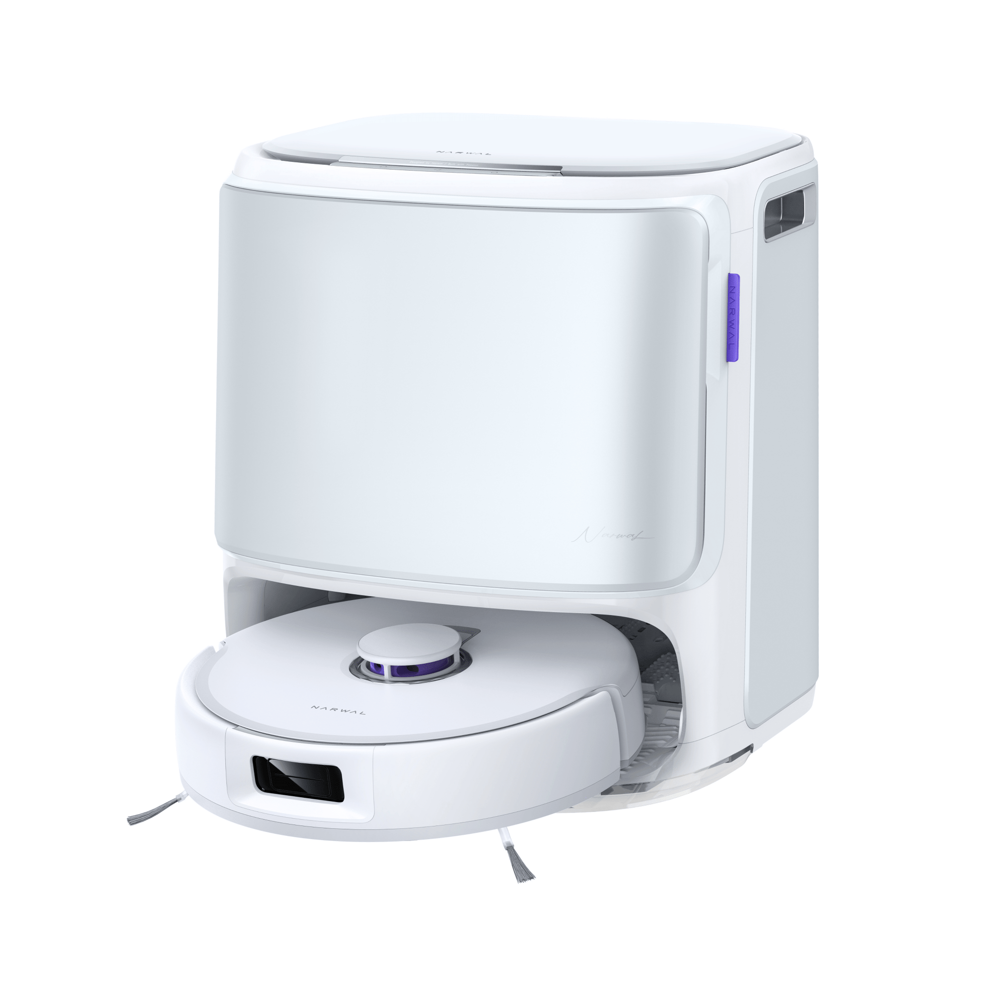 Narwal Freo Z10 robot vacuum next to feature icons showing suction power, mop lift, and smart functions.