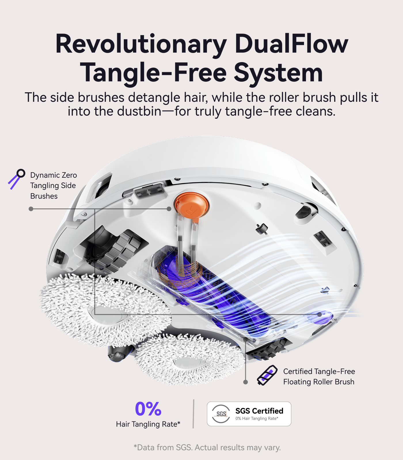 Narwal Freo Pro robot vacuum and mop showing DualFlow tangle-free system for removing hair without brush jams.