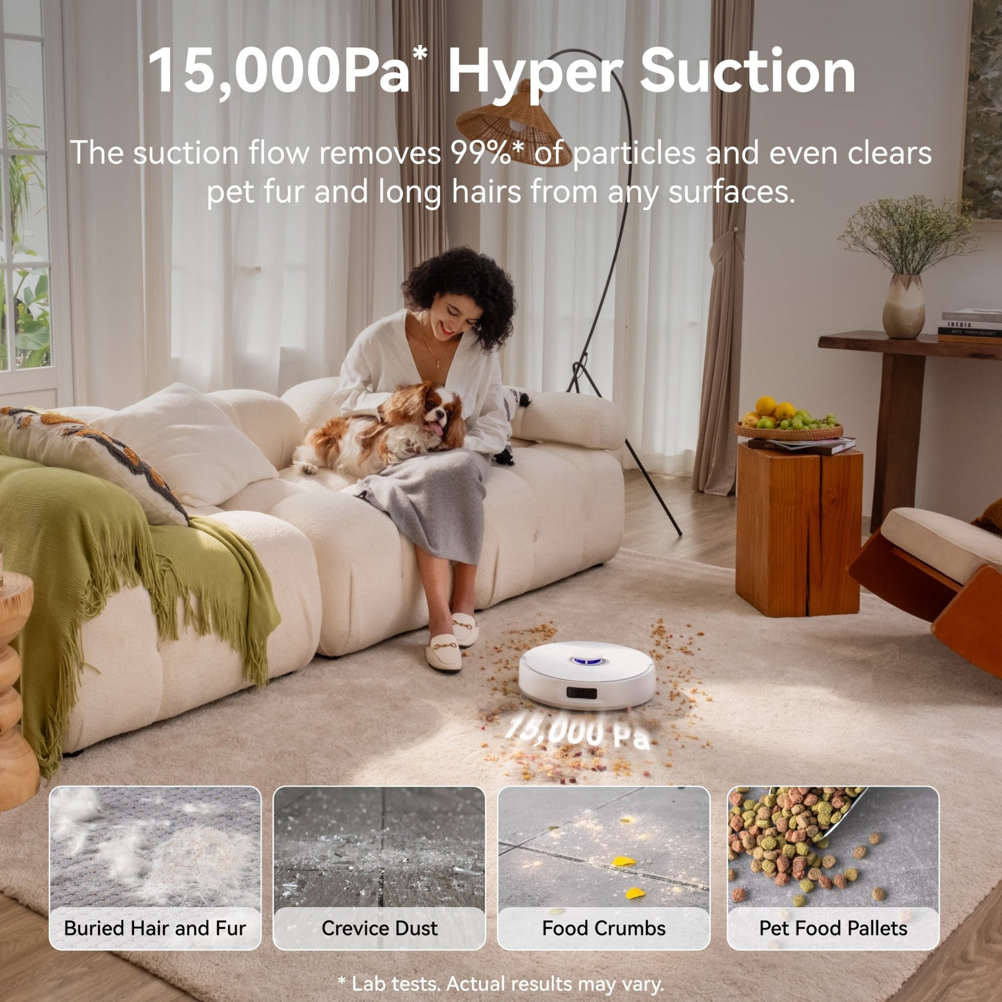 Narwal Freo Z10 robot vacuum using hyper suction to remove debris with strong power on various floor types.