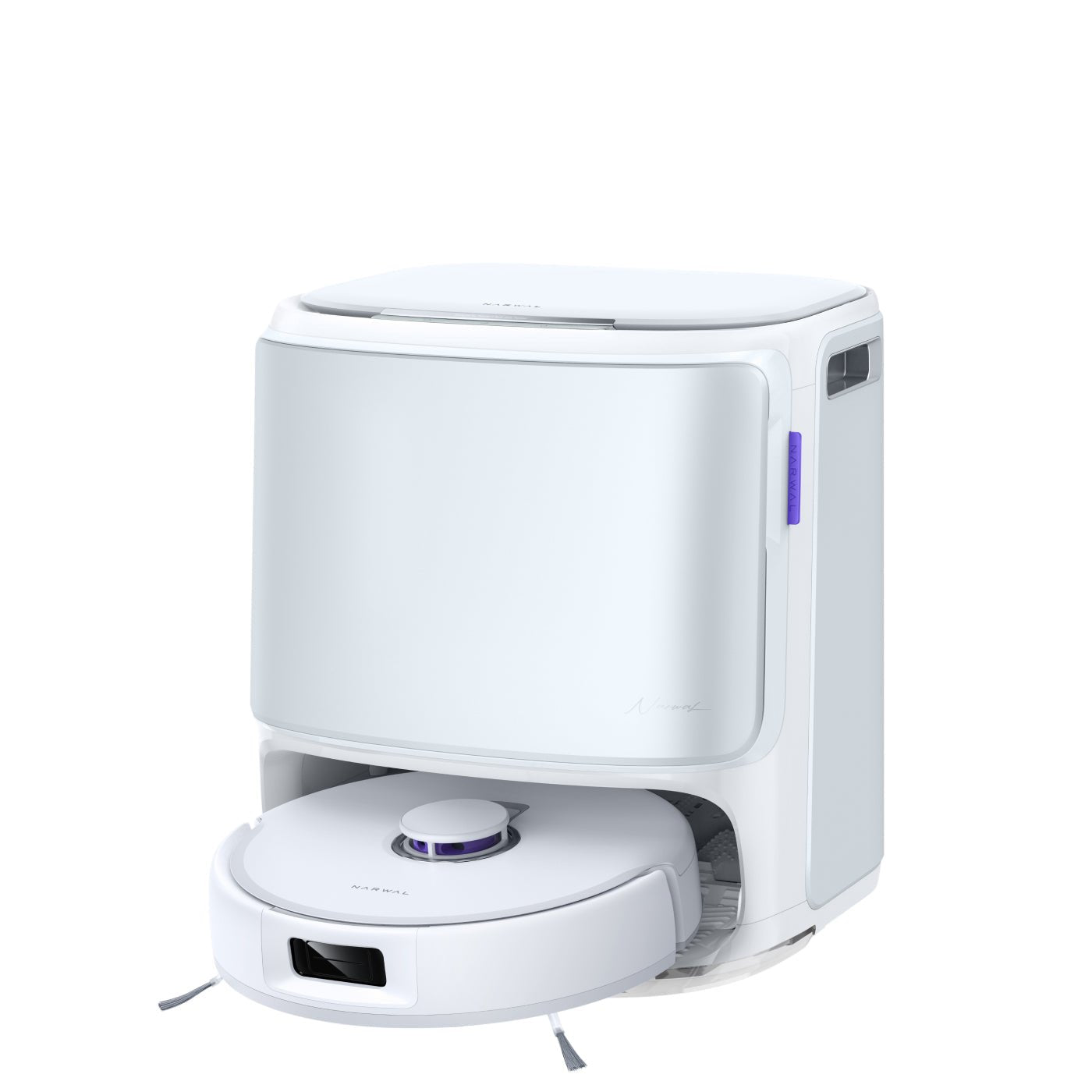 Front view of Narwal Freo Z10 robot vacuum base station in a minimalist white design.