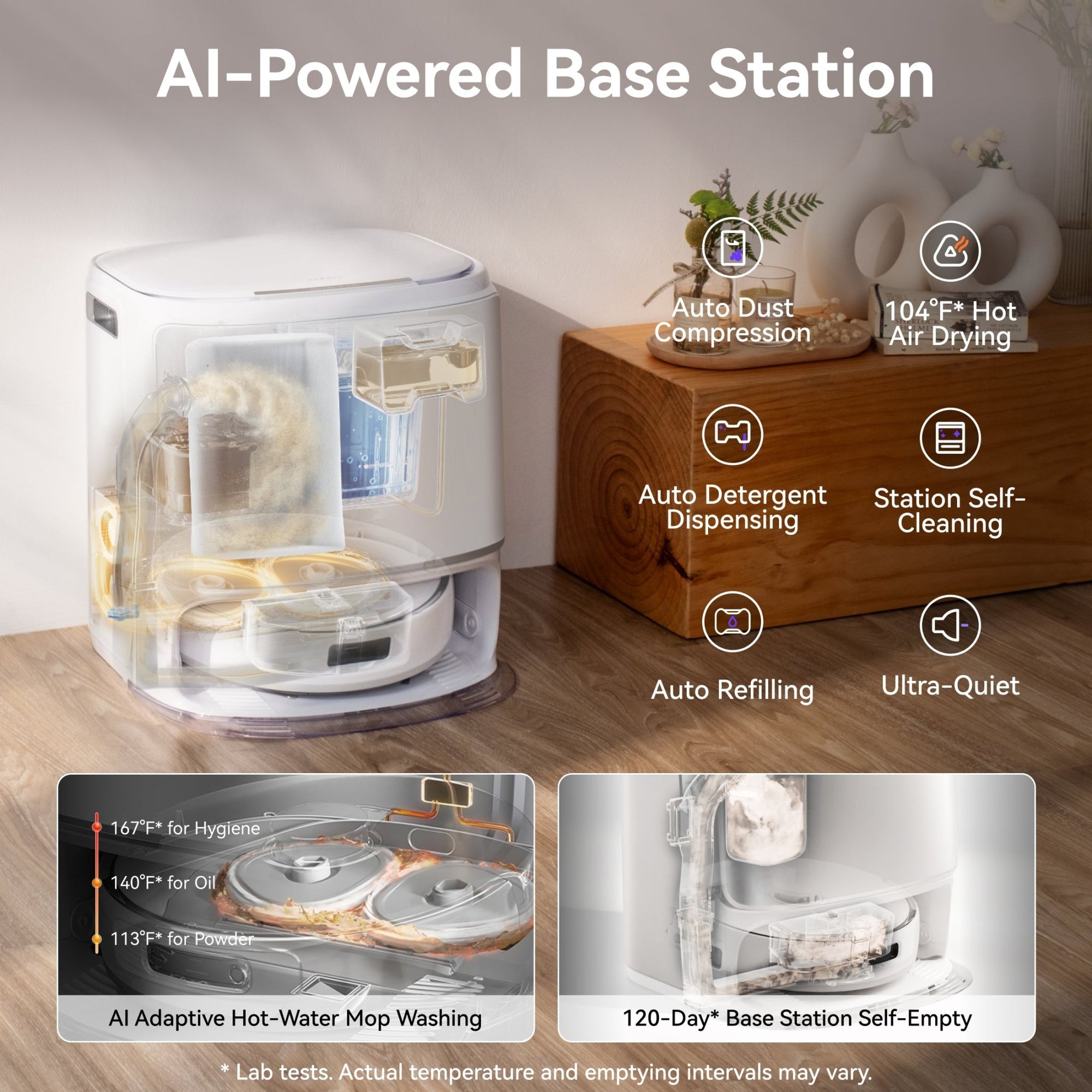 Narwal Freo Z10 robot vacuum base station with auto washing, drying, refilling, and water exchange features.