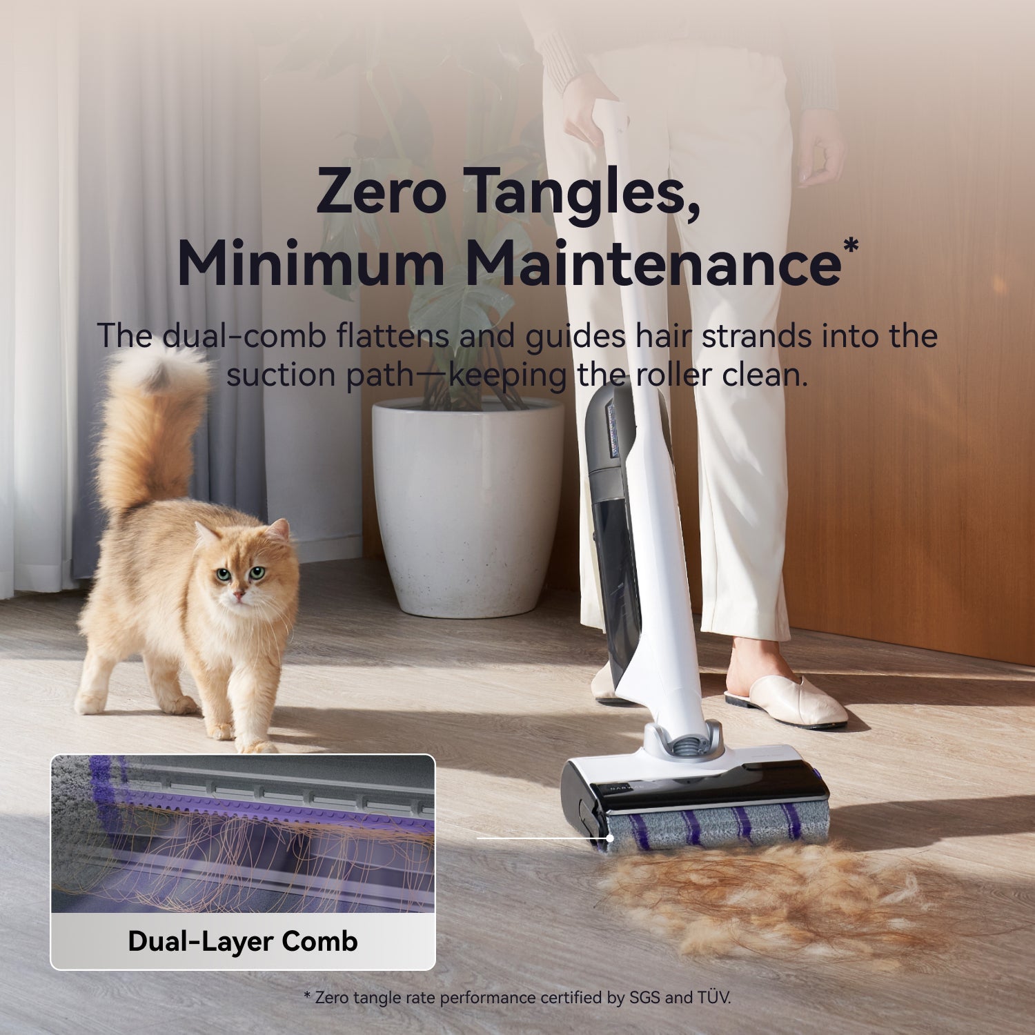 Narwal S30 wet dry vacuum showing zero-tangle brush design for pet hair and low-maintenance cleaning.