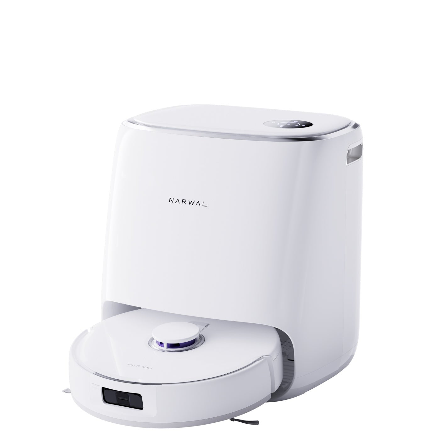 Narwal Freo X Ultra robot vacuum and base station shown in a clean minimal white setup.