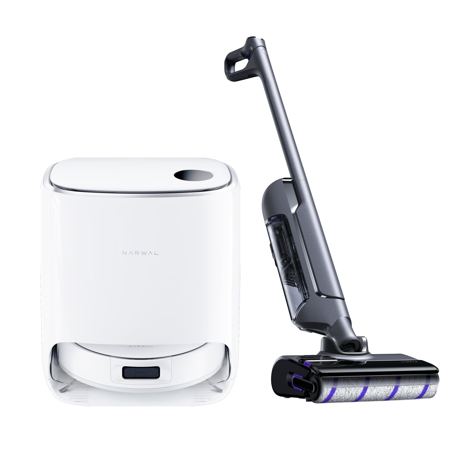 Narwal Freo X Ultra base station and upright handheld vacuum displayed side by side.