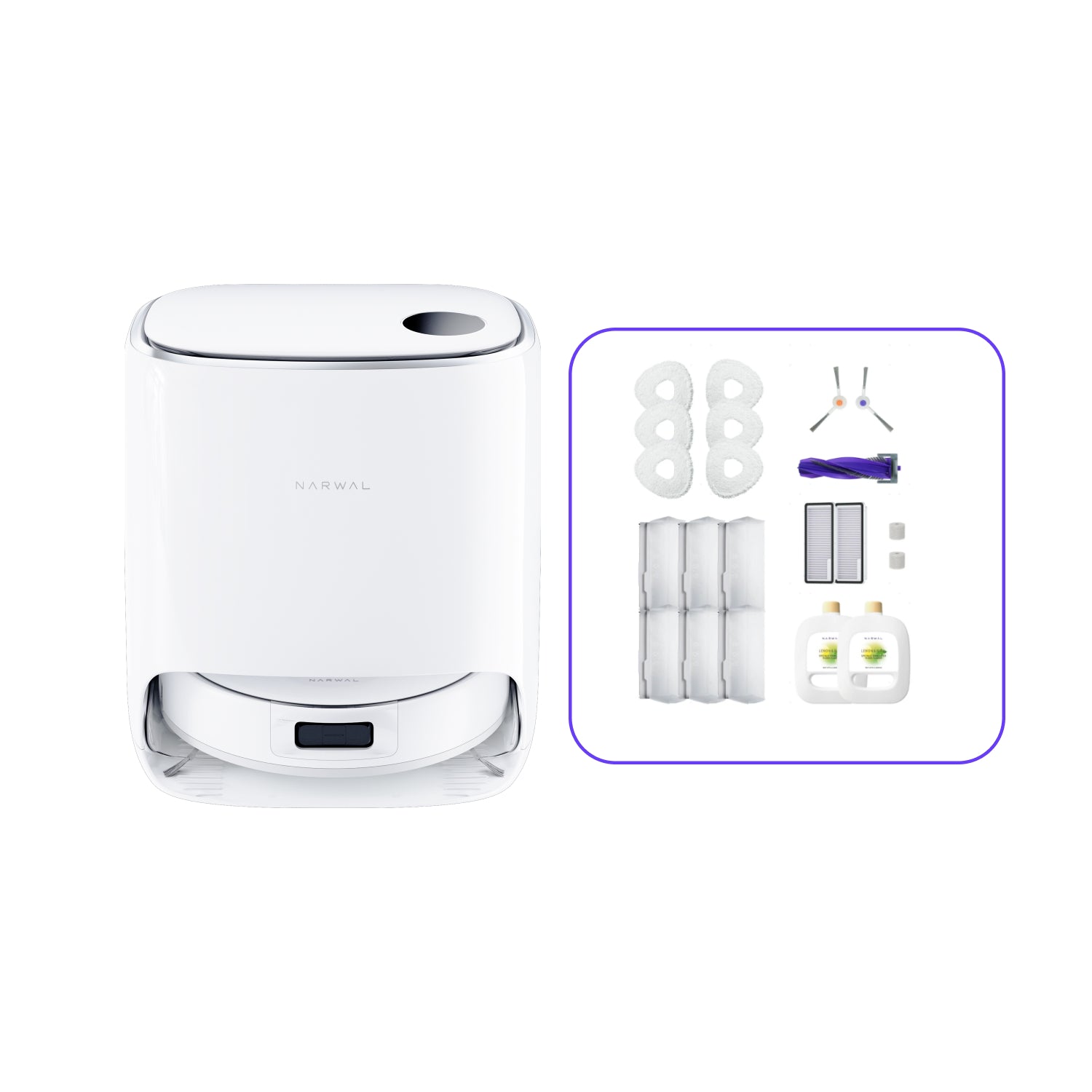 Narwal Freo X Ultra robot vacuum and base station shown together with full accessory kit.