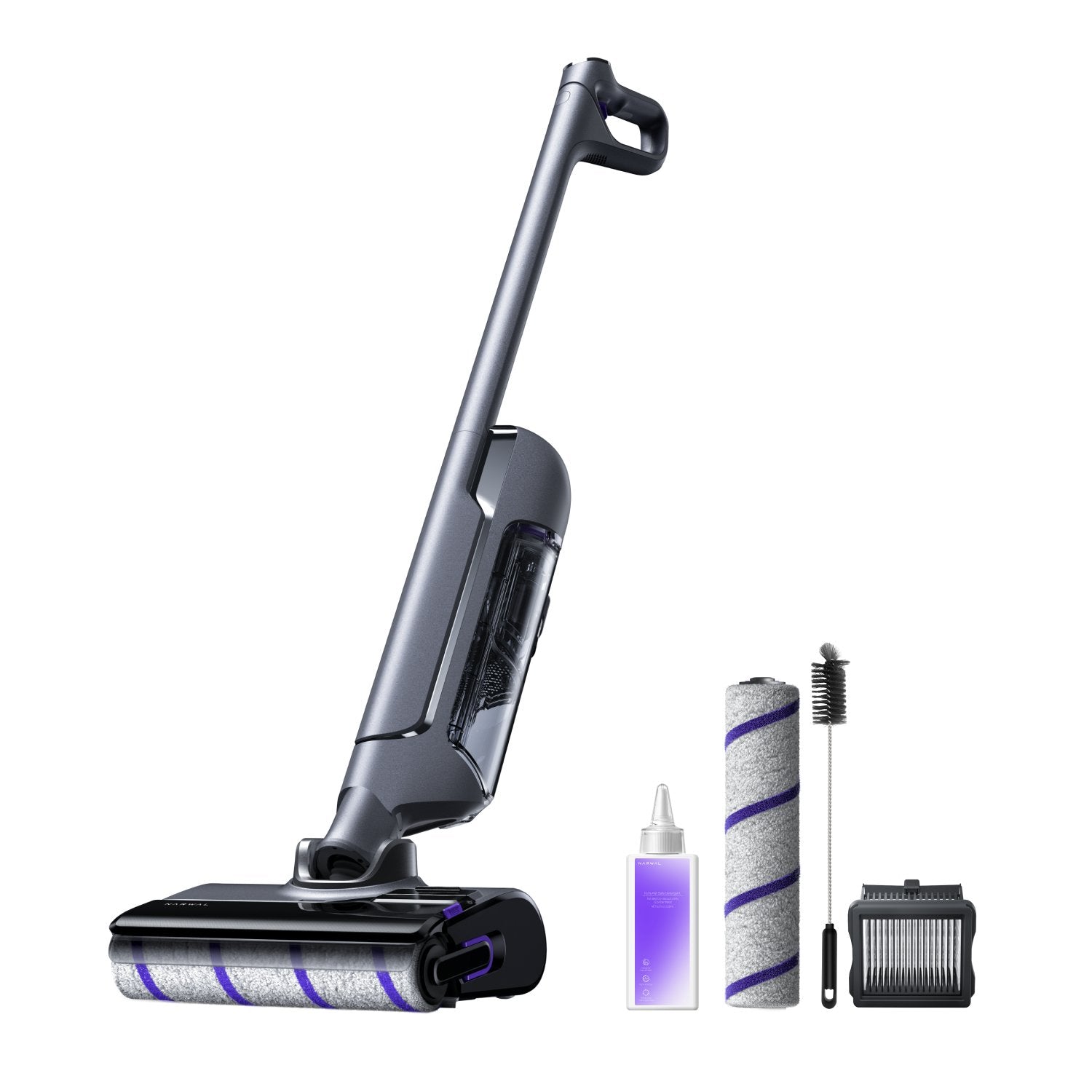 Narwal Freo S20 PRO with accessories including replacement rollers, cleaning solution, and brush for easy maintenance.