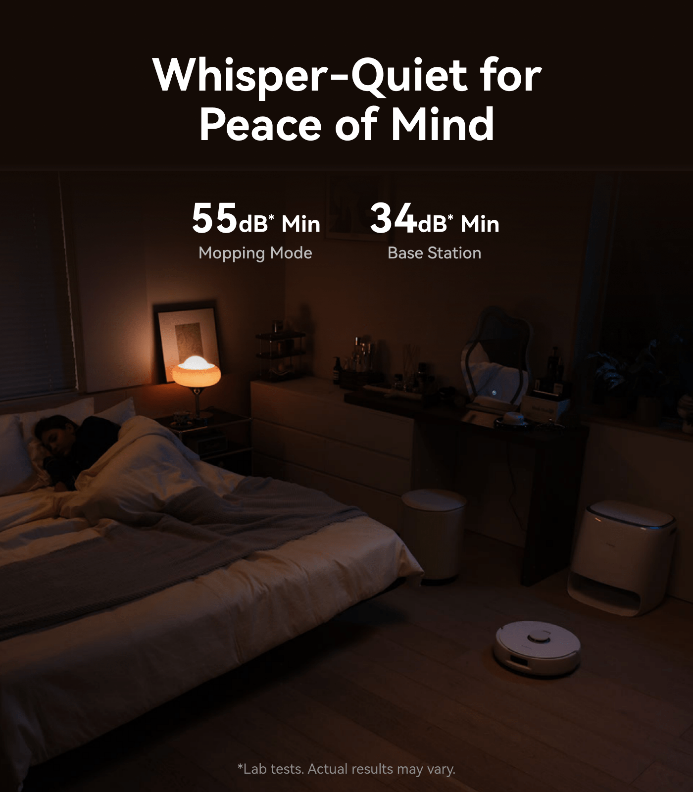 Narwal Freo Pro robot vacuum and mop operating quietly at night to maintain a peaceful sleeping environment.