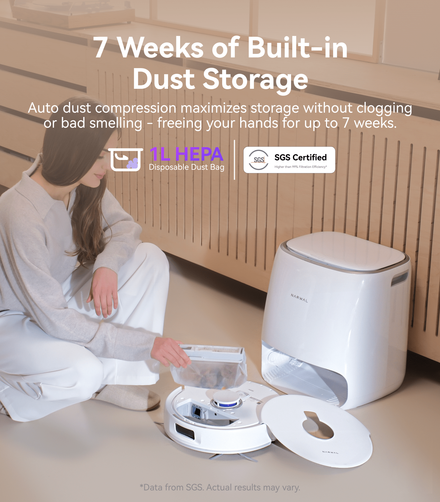 Narwal Freo Pro robot vacuum and mop with built-in dust storage allowing up to seven weeks of hands-free cleaning.