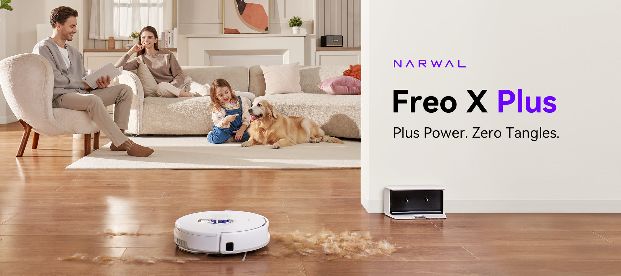 Narwal Freo X Plus Robot Vacuum and Mop, shown with family and dog in the living room, demonstrating its powerful suction and tangle-free performance.
