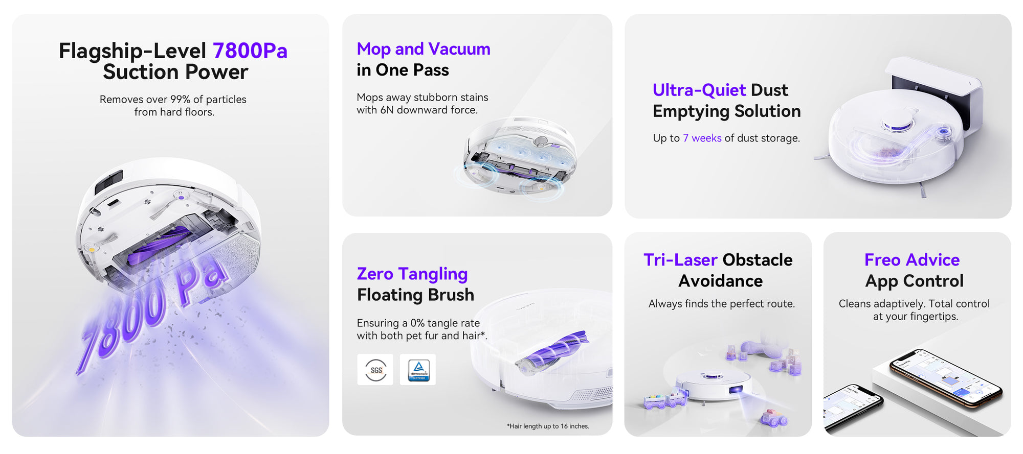 Narwal Freo X Plus Robot Vacuum and Mop showcasing its 7800Pa suction power, dual function of mopping and vacuuming in one pass, ultra-quiet dust emptying solution, zero tangling floating brush, Tri-Laser obstacle avoidance, and app control with Freo Advice.