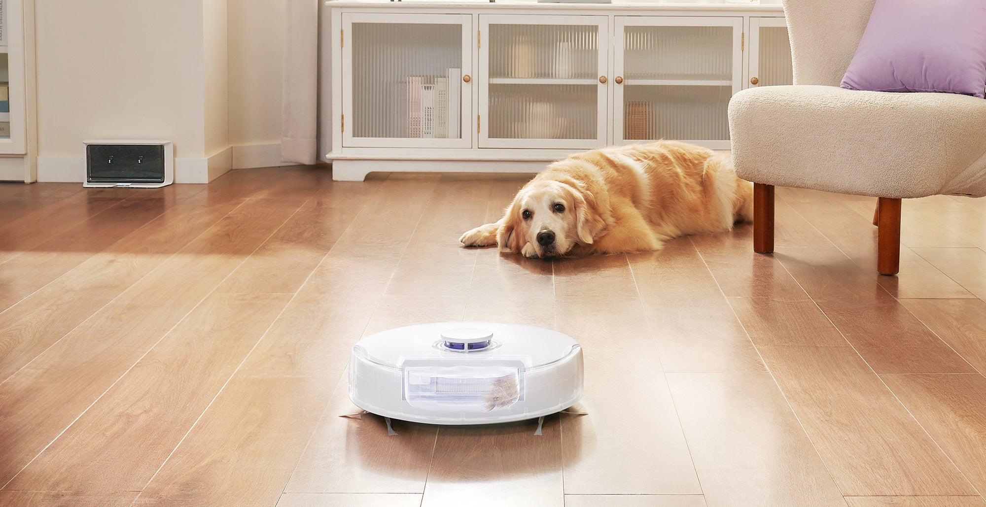 The Narwal Freo X Plus Robot Vacuum and Mop cleaning the floor while a golden retriever dog lies nearby, relaxing.