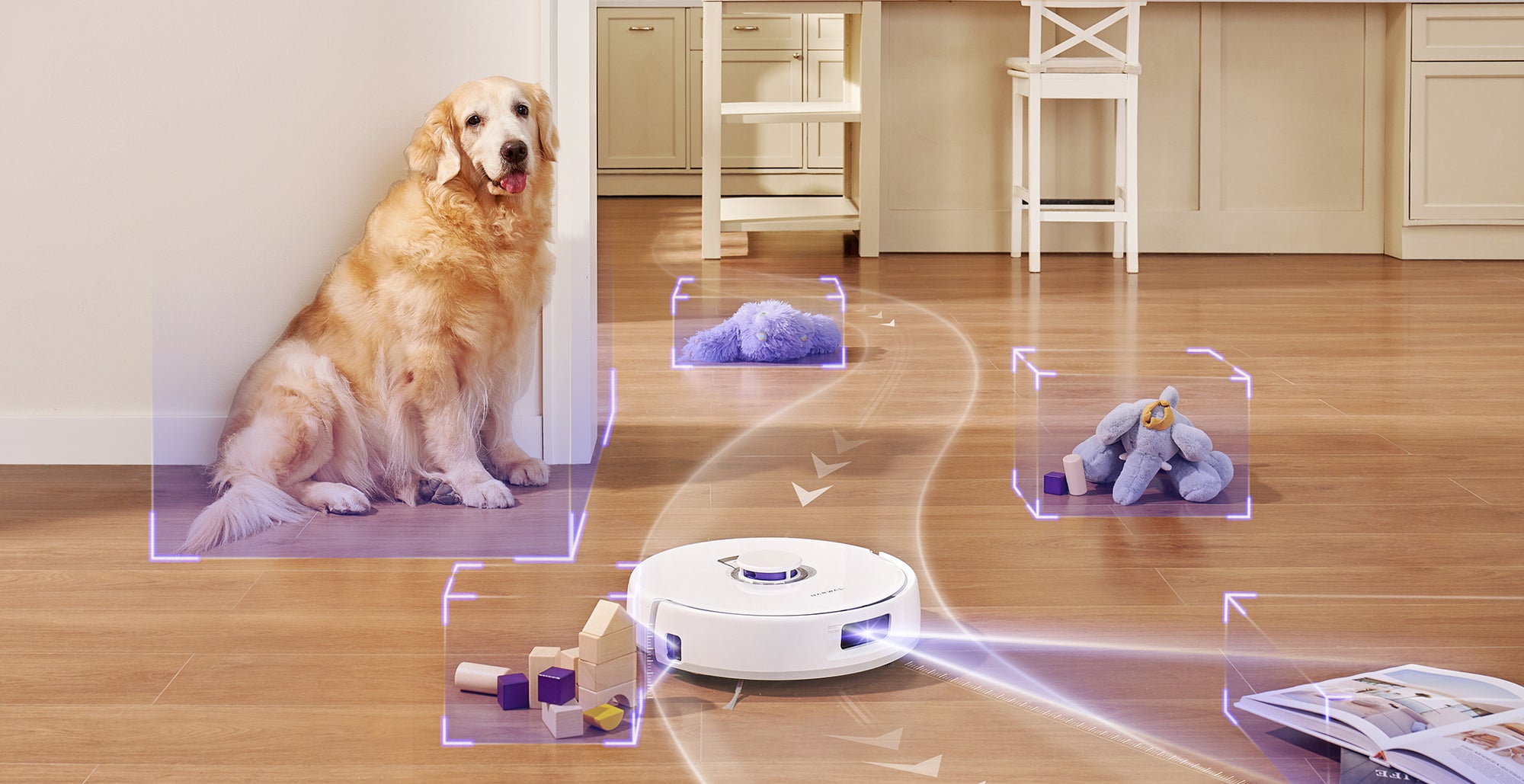 Narwal Freo X Plus robot vacuum avoiding obstacles like pet toys and slippers using tri-laser technology, with a dog in the scene.