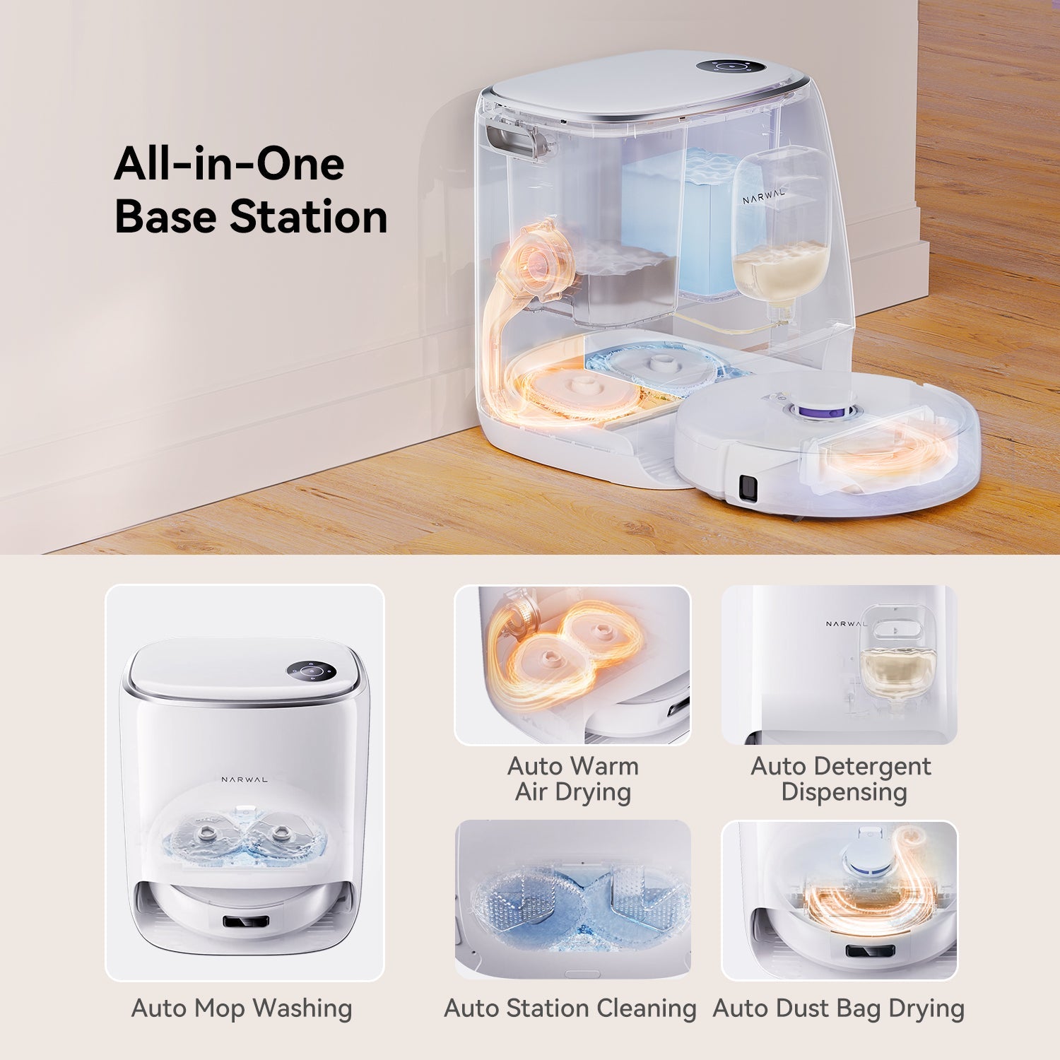 Narwal Freo X Ultra all-in-one base station showing washing, drying, and self-emptying features.