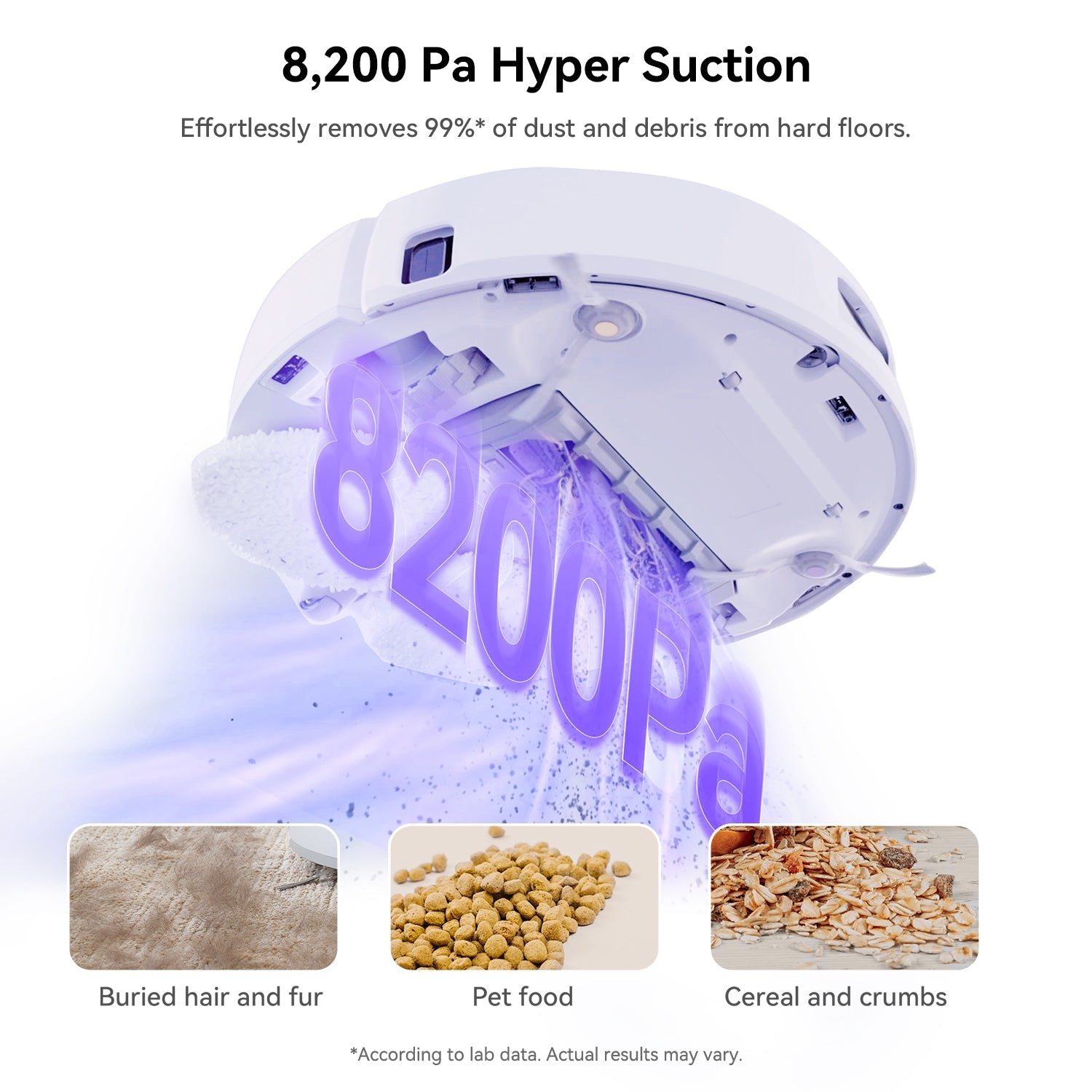 Narwal Freo X Ultra robot vacuum showing 8200Pa suction removing debris from the floor.