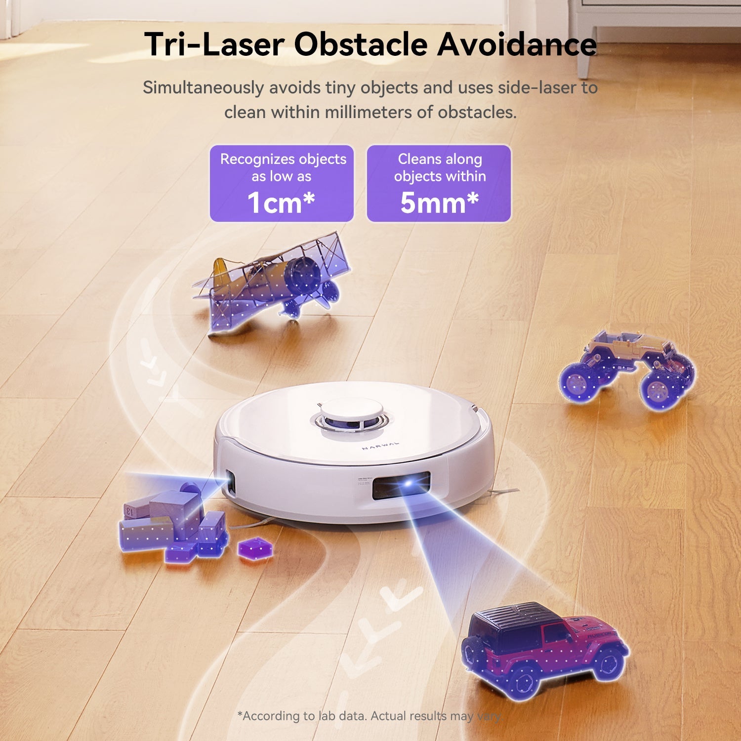 Narwal Freo X Ultra robot vacuum navigating with tri-laser obstacle avoidance technology.