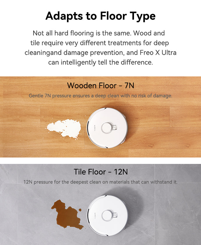 Narwal Freo X Ultra adapts to floor types, adjusting its pressure for wooden and tile floors for optimal cleaning.