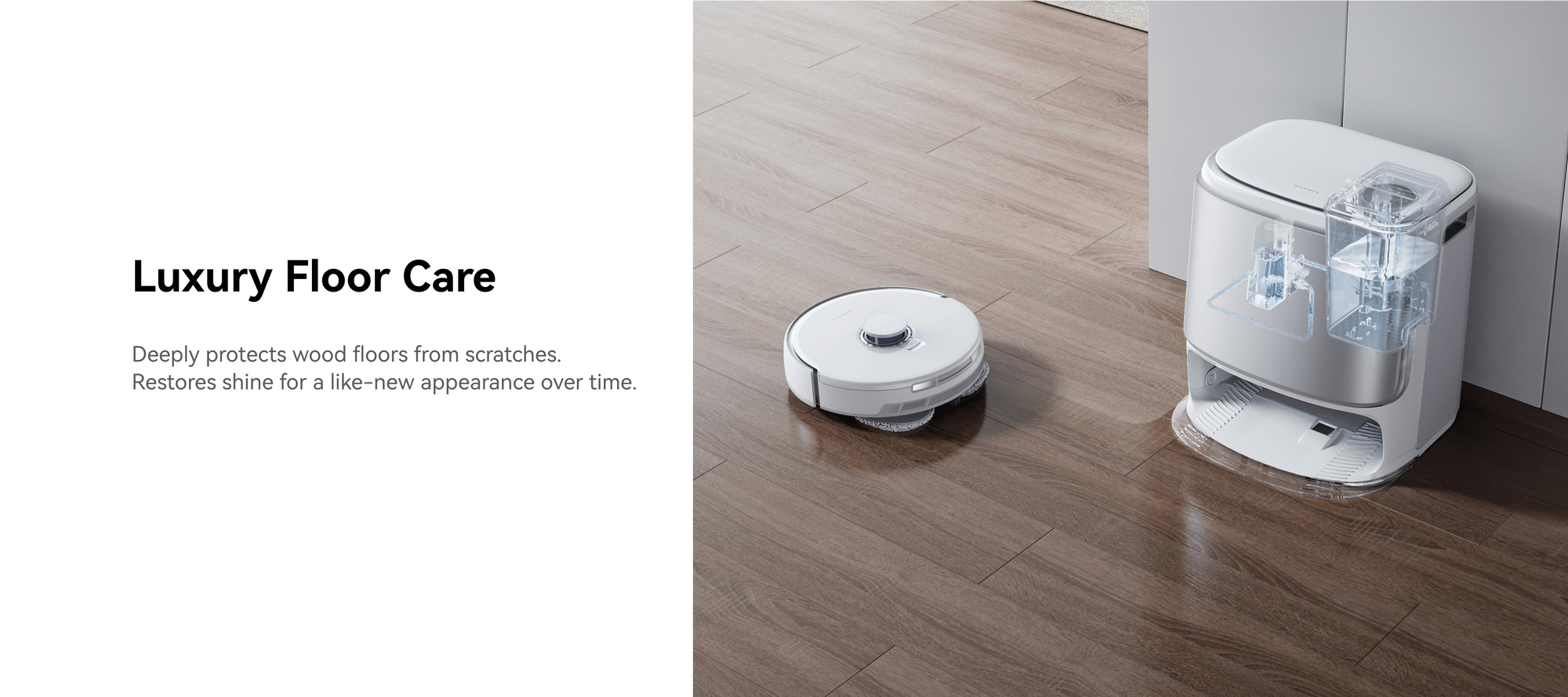 Narwal Freo Z Ultra robot vacuum and mop on wood floor, paired with the Wood Floor Maintainer Pack for enhanced floor protection and gloss.
