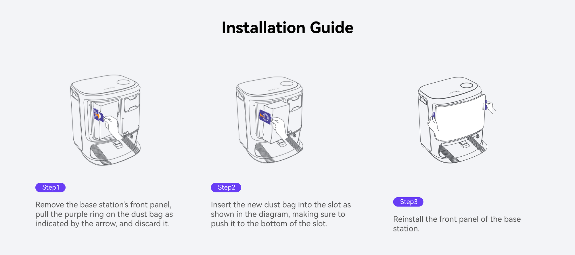 Installation guide for Narwal Freo Z Ultra base station, showing step-by-step process of setting up the dust bag and solution module for efficient use.