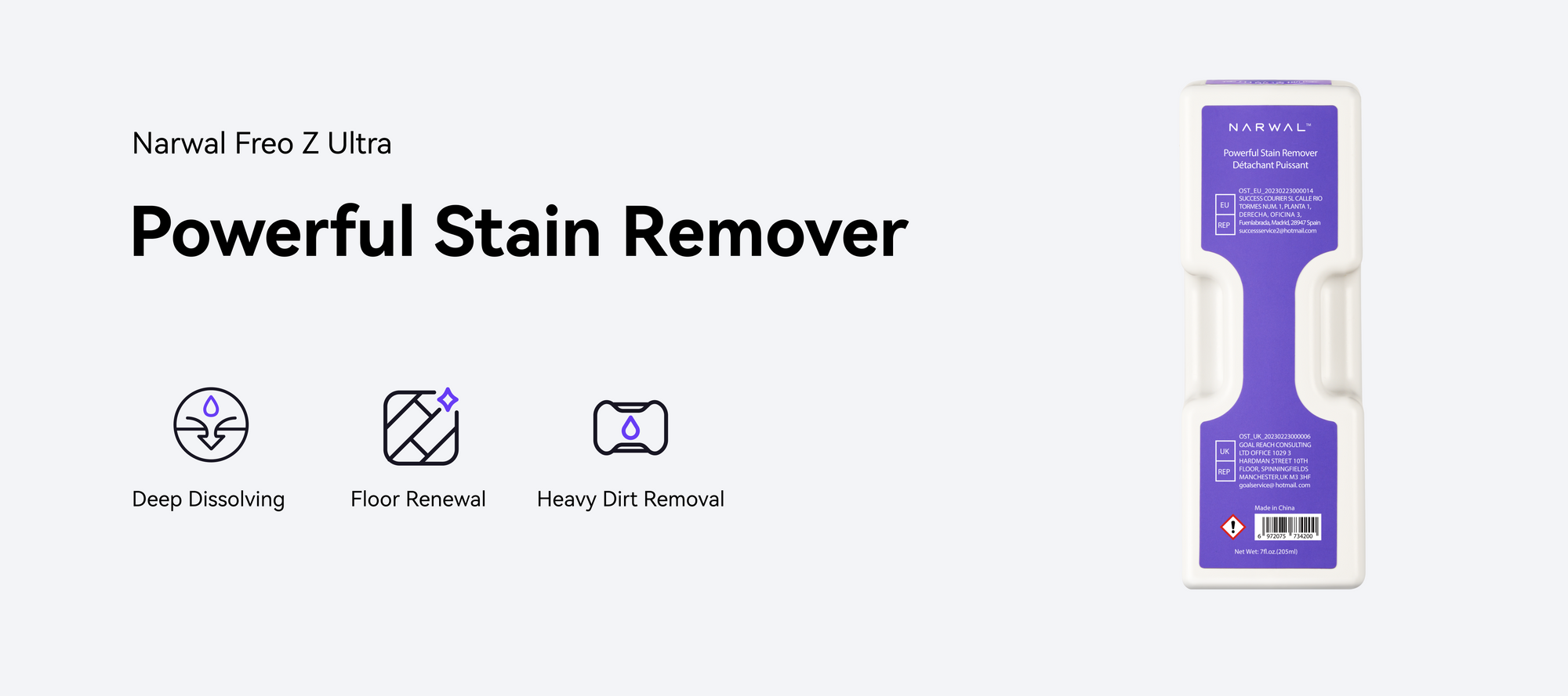 Powerful Stain Remover for Narwal Freo Z Ultra, designed for deep dissolving, floor renewal, and heavy dirt removal for cleaner surfaces.