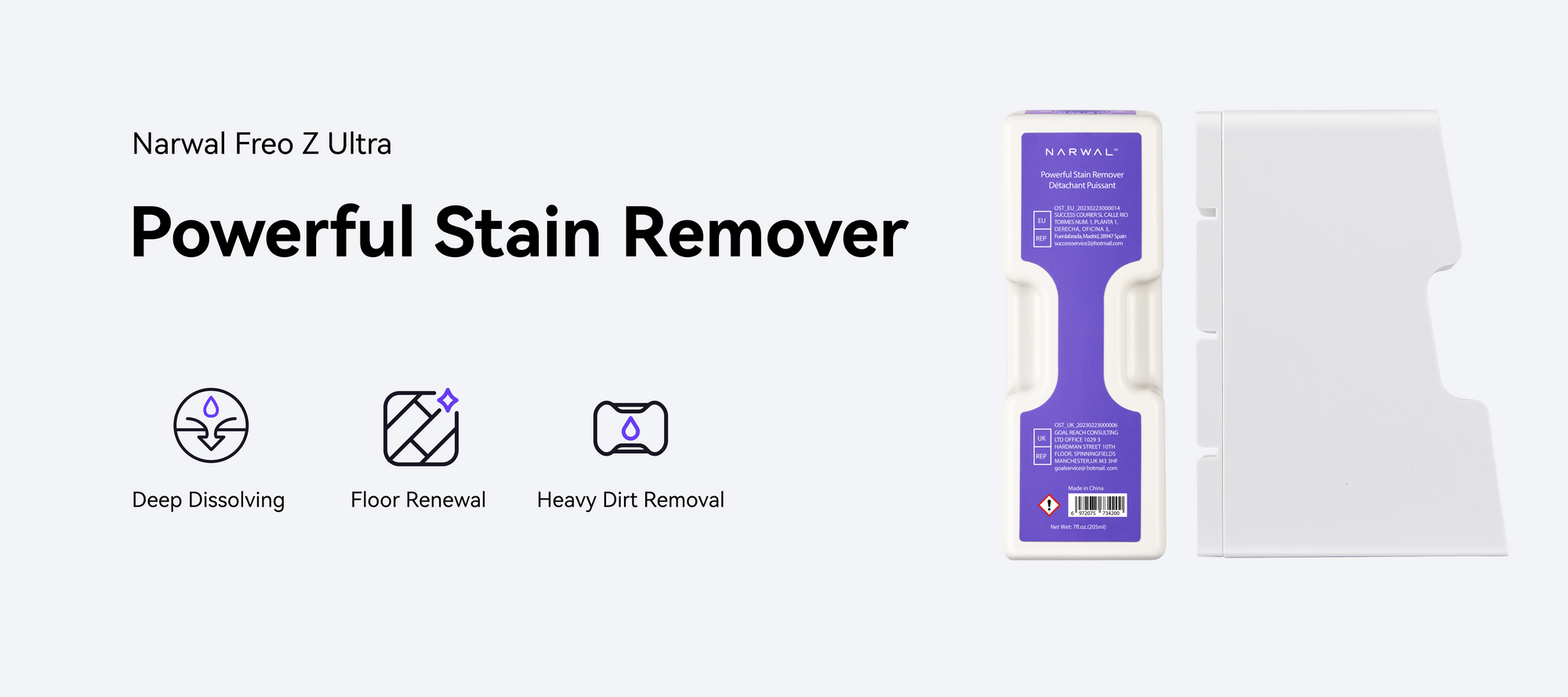 Powerful Stain Remover for Narwal Freo Z Ultra, designed for deep dissolving, floor renewal, and heavy dirt removal for cleaner surfaces.