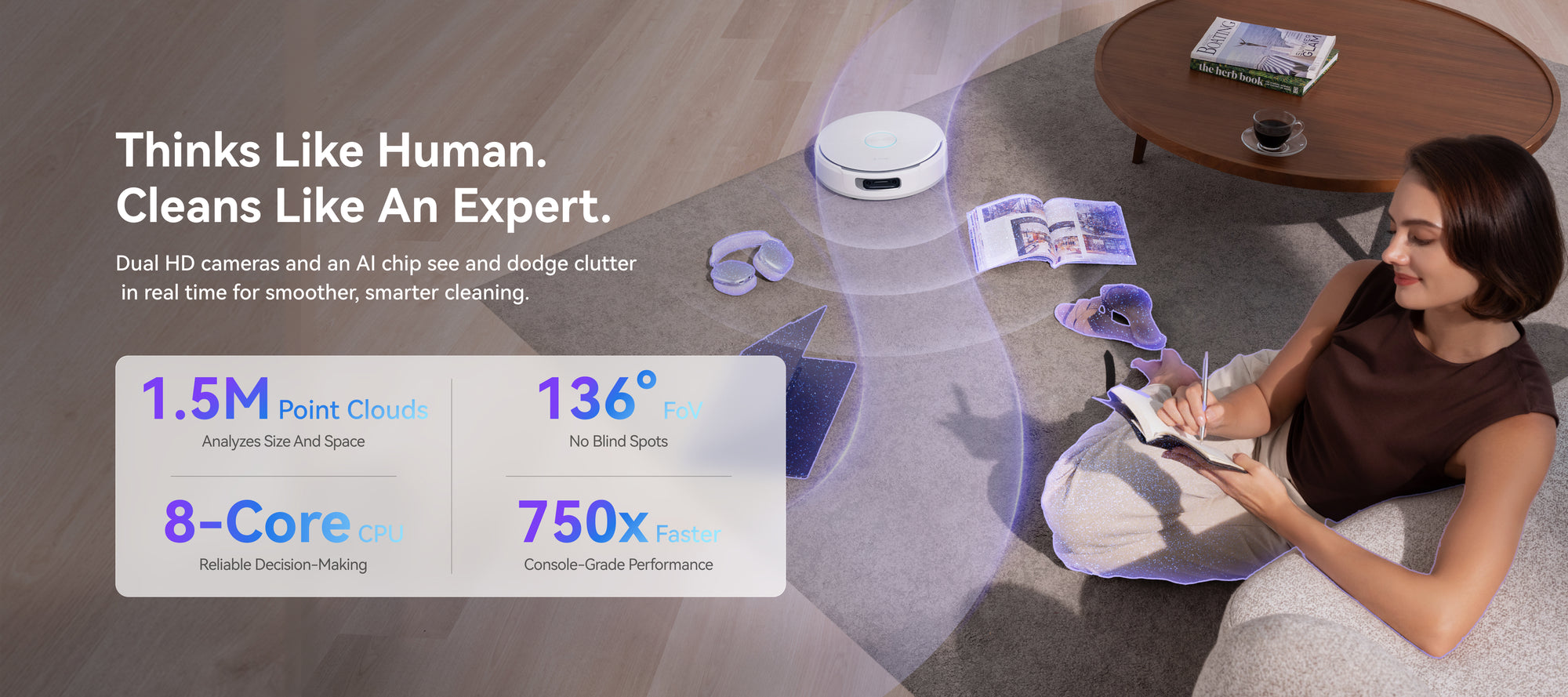 Woman using a smartphone with Narwal Flow robot vacuum cleaner on a wooden floor, featuring text about its cleaning capabilities.